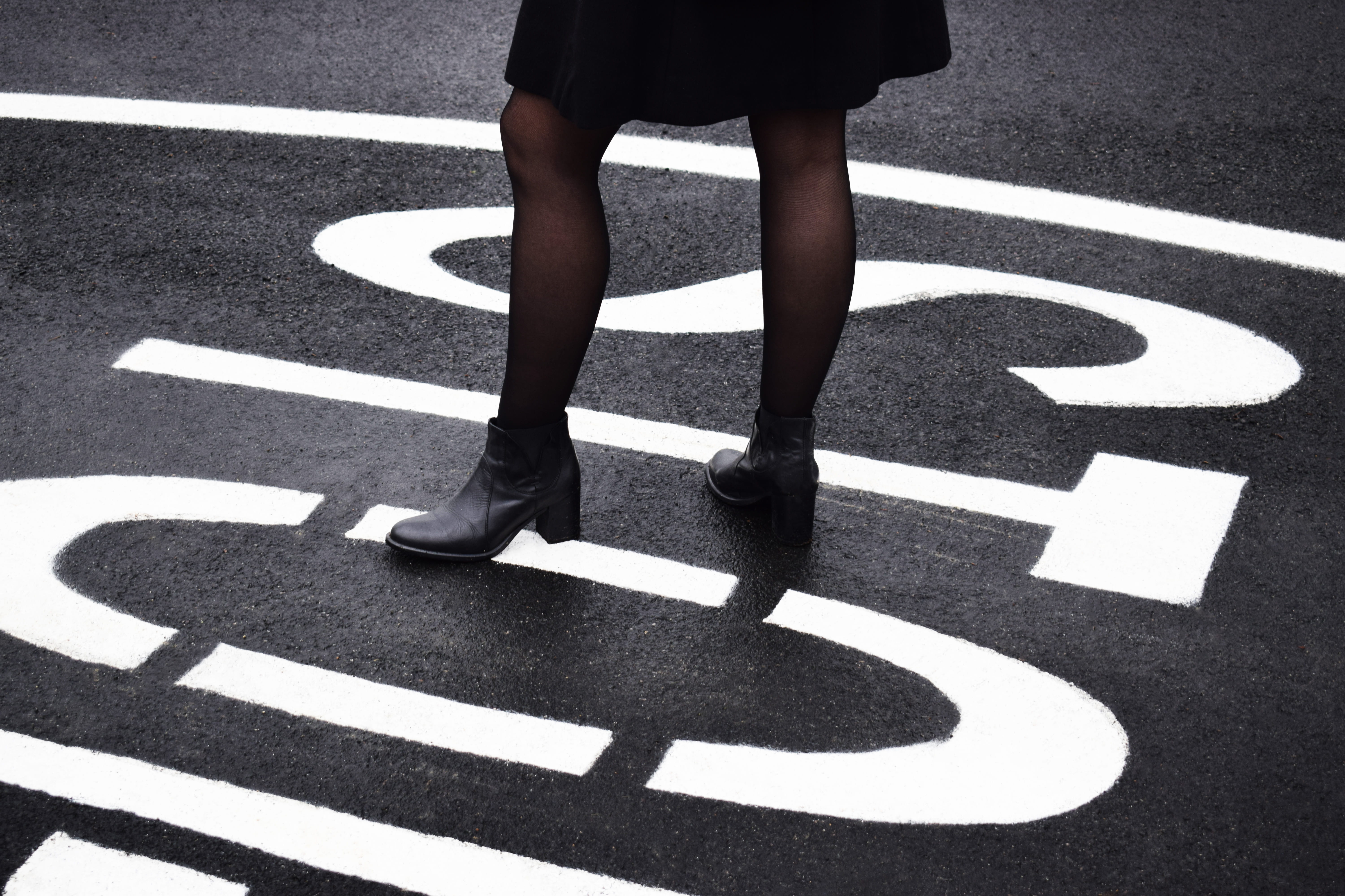 asphalt, street, stop, lifestyles, real people, 5K, stop sign, outdoors, feet, person, sign, body part, shoe, women, day, walking, black, crossing, marking, HD Wallpaper