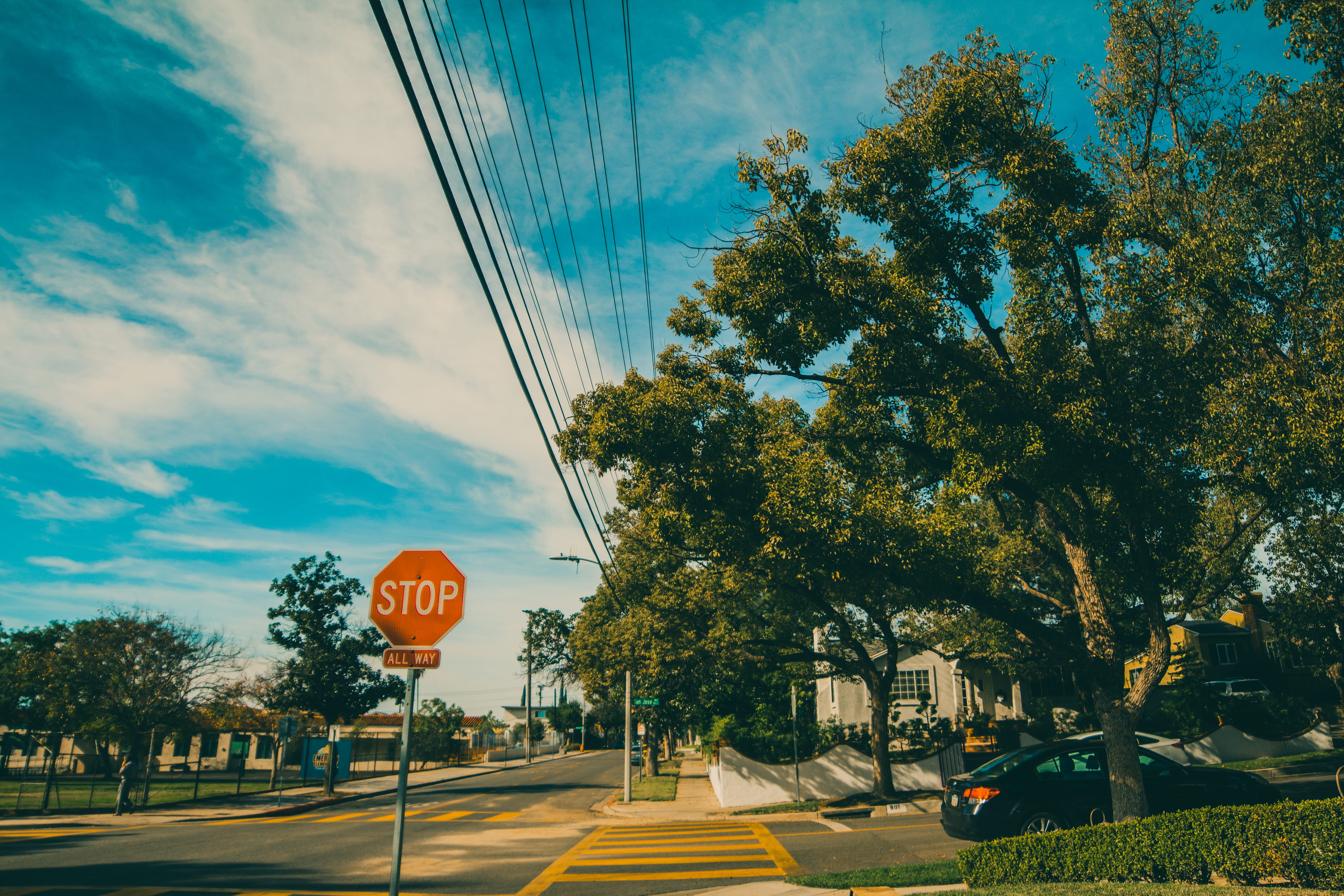 car, sky, blue, growth, outdoors, mode of transportation, western script, city, neighborhood, transportation, nature, street, burbank, communication, 5K, HD Wallpaper