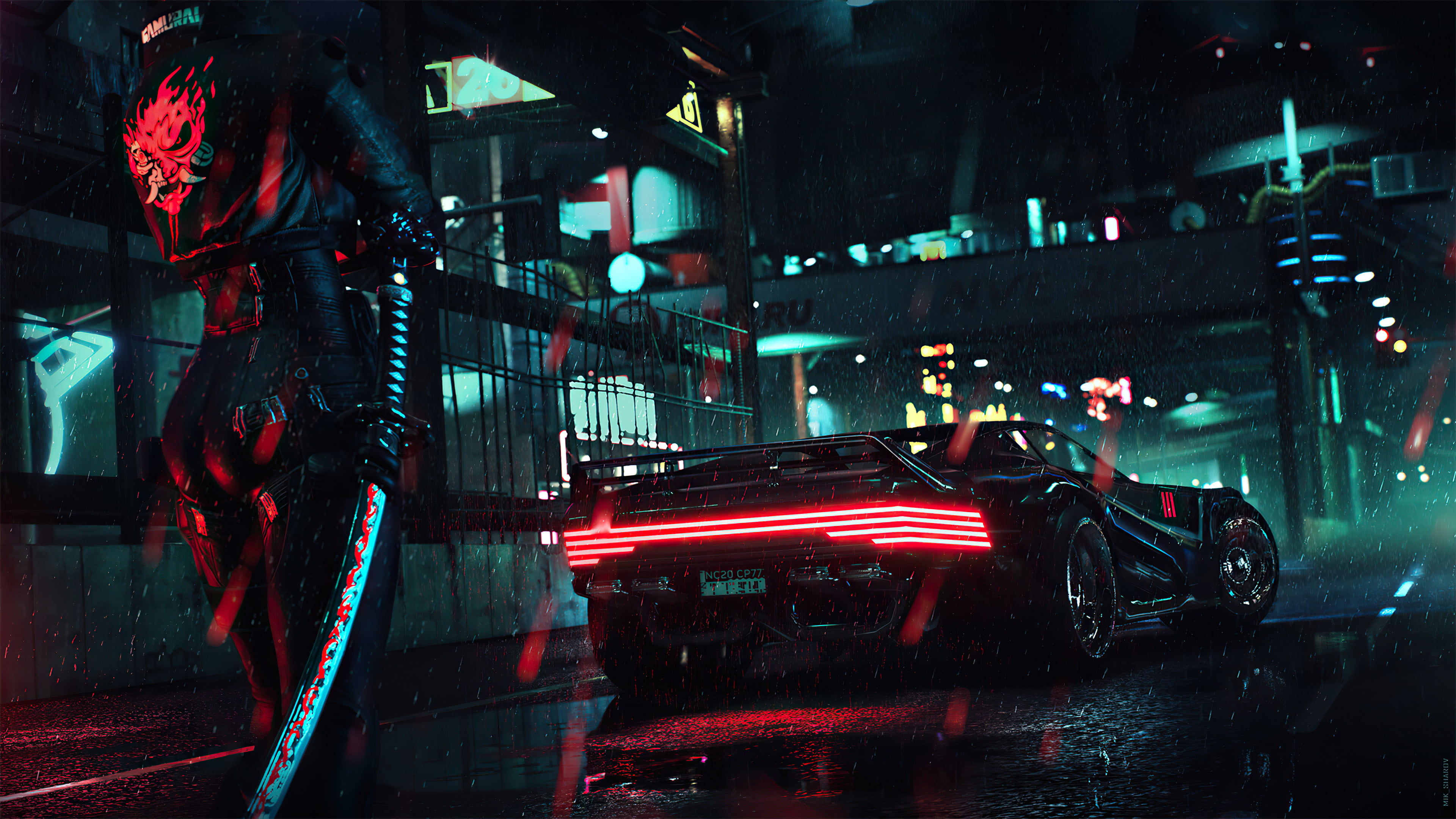 Cyberpunk 2077, samurai, night, 4K, rain, video games, car, cyberpunk, katana, HD Wallpaper