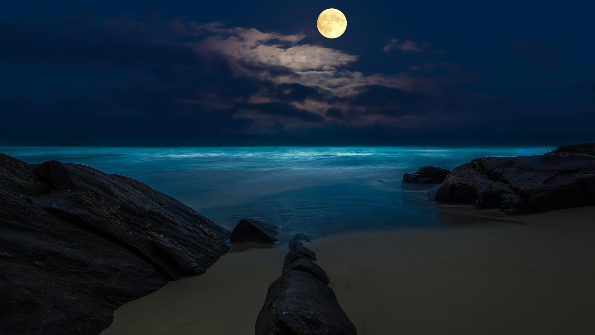  cloud - sky, horizon, rock - object, moonlight, land, full moon, rock, horizon over water, outdoors, beach, sky, tranquil scene, Moon, scenics - nature, HD Wallpaper