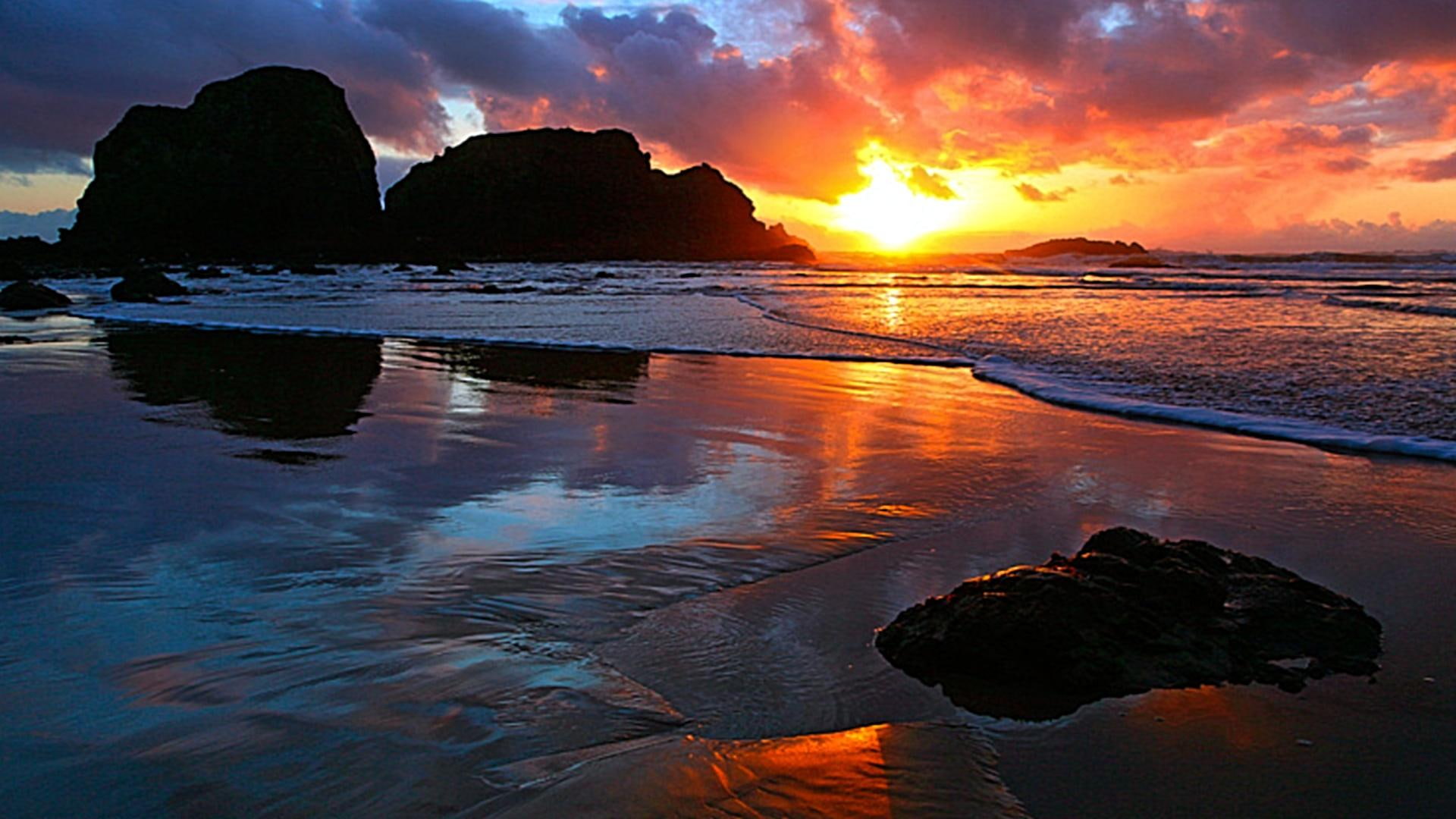 lovely, sunset, 3d and abstract, golden, hour, amazing, beauty, cool, fascianting, 1080P, bay, warm, beach, HD Wallpaper