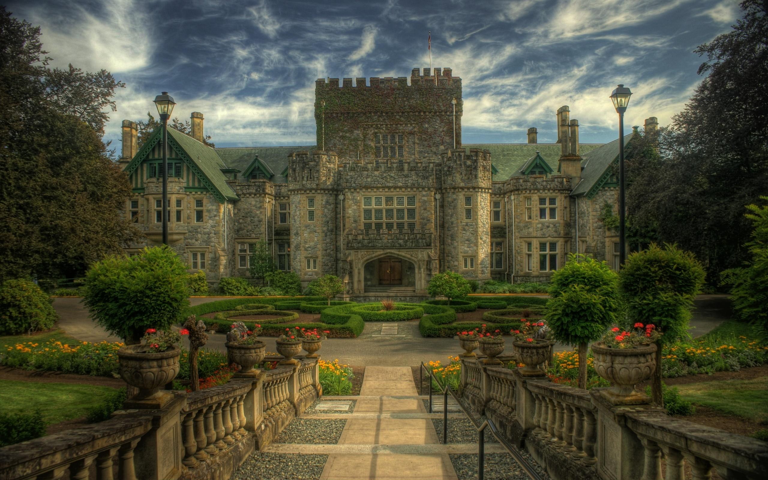 2K, house, grass, lanterns, garden, architecture, hatley castle, flowers, trees, view, castle, beautiful, HD Wallpaper