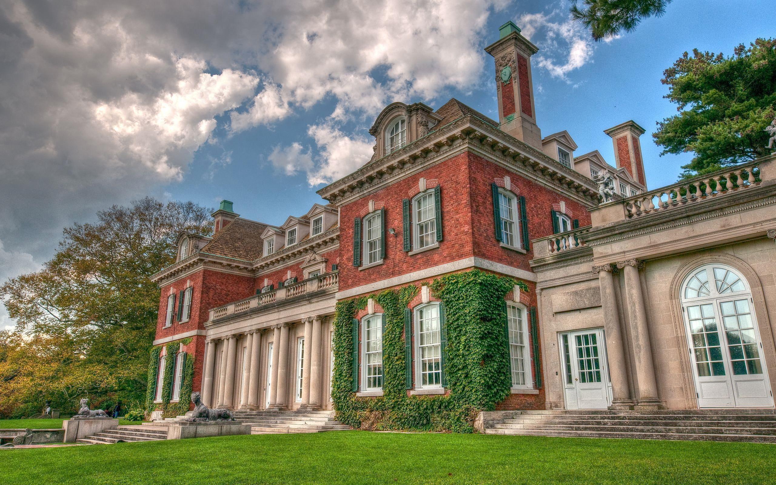 mansion, beautiful, green, tree, stairs, colors, house, houses, grass, 2K, trees, architecture, HD Wallpaper