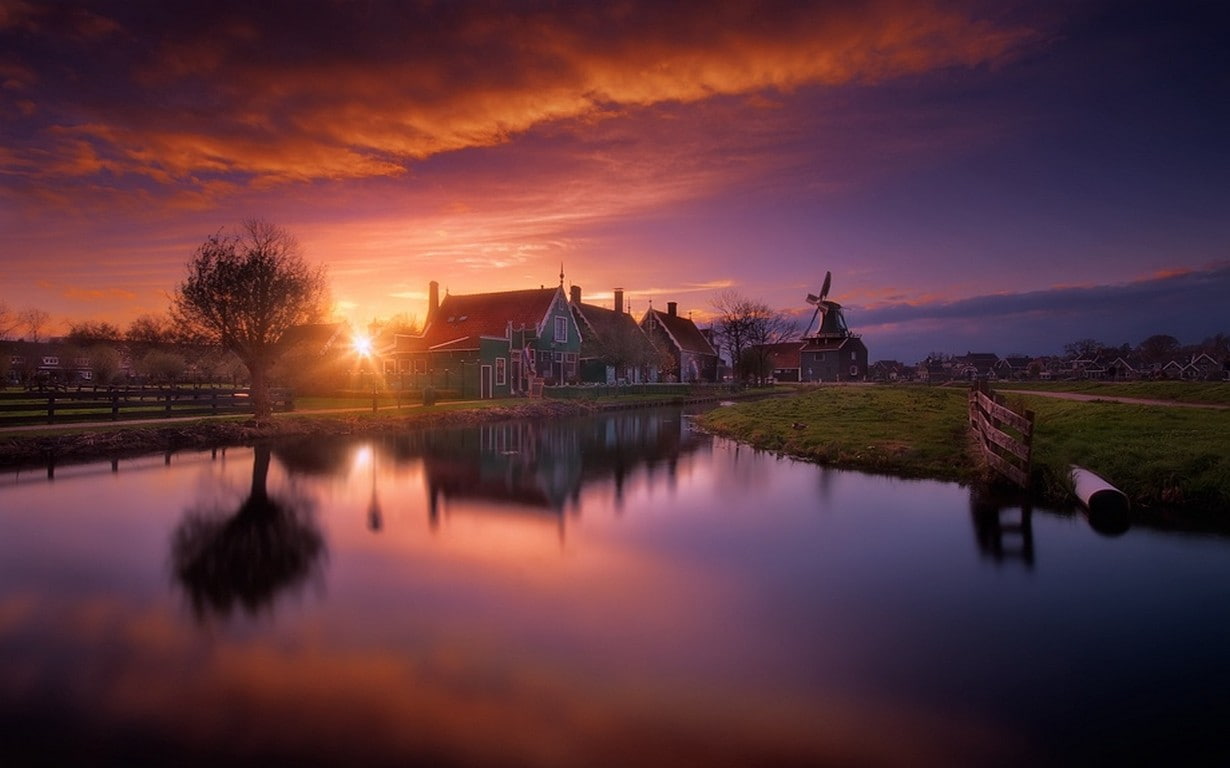 grass, trees, house, fence, village, sunset, 480P, clouds, landscape, river, water, mill, sky, nature, HD Wallpaper