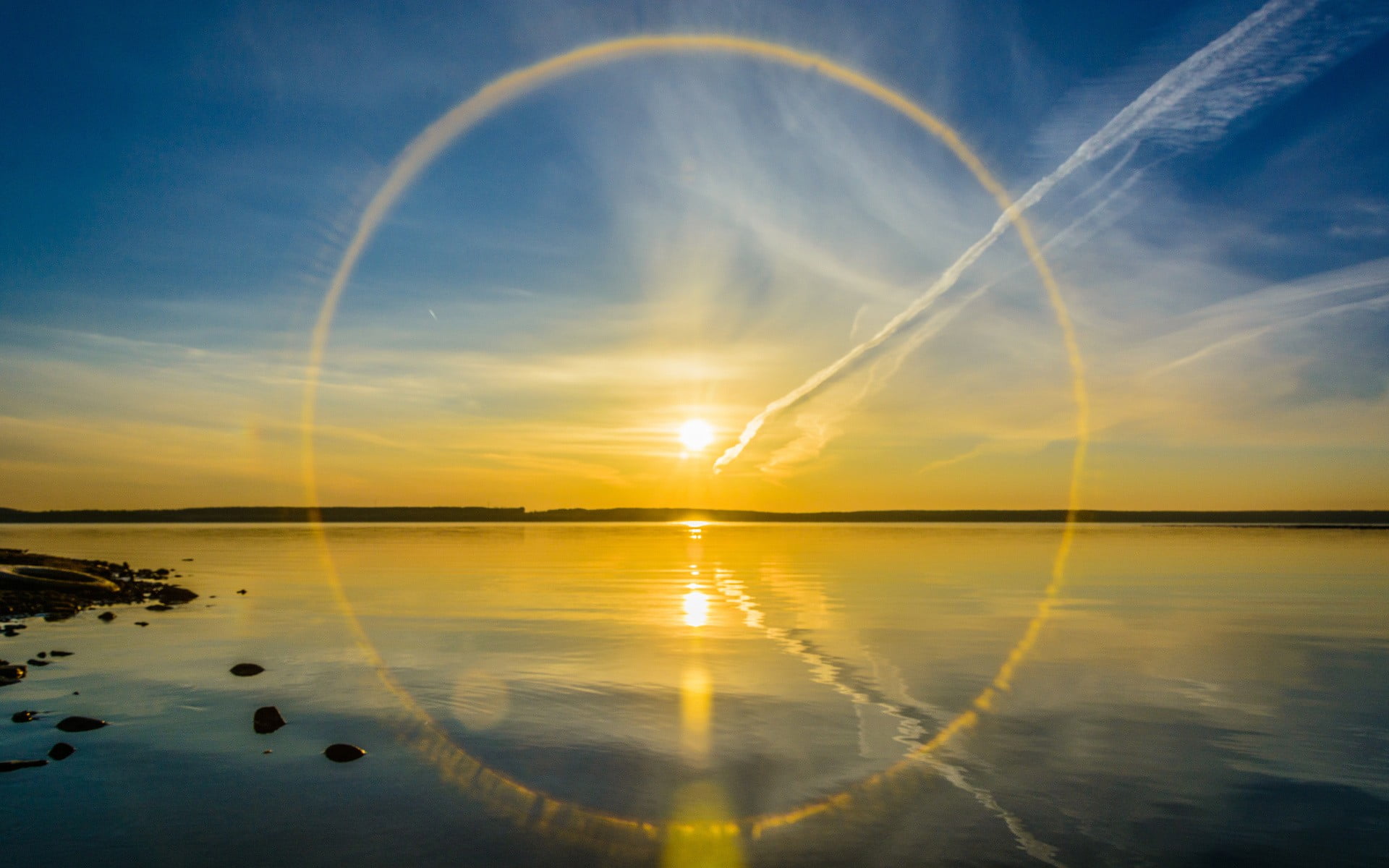 landscape, waterfront, reflection, idyllic, stones, circle, 1080P, lens flare, clouds, Sun, cloud - sky, sky, coast, sea, scenics - nature, stone, horizon, HD Wallpaper