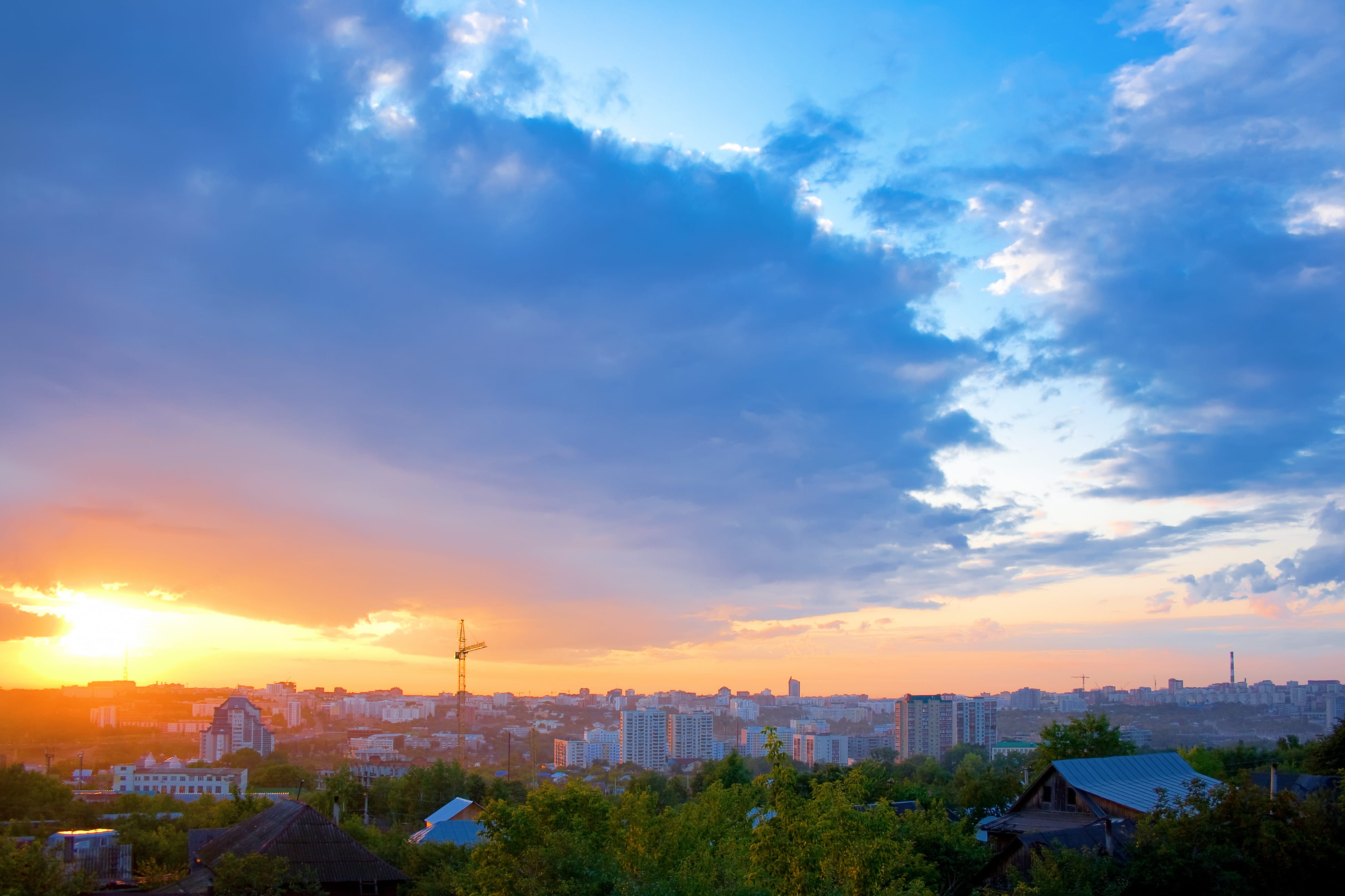 rabkorov, cityscape, city, moon, nightfall, skyline, urban, dawn, city life, ufa, night-shot, yellow, midtown, sunlight, landscape, urban skyline, orange, HD Wallpaper