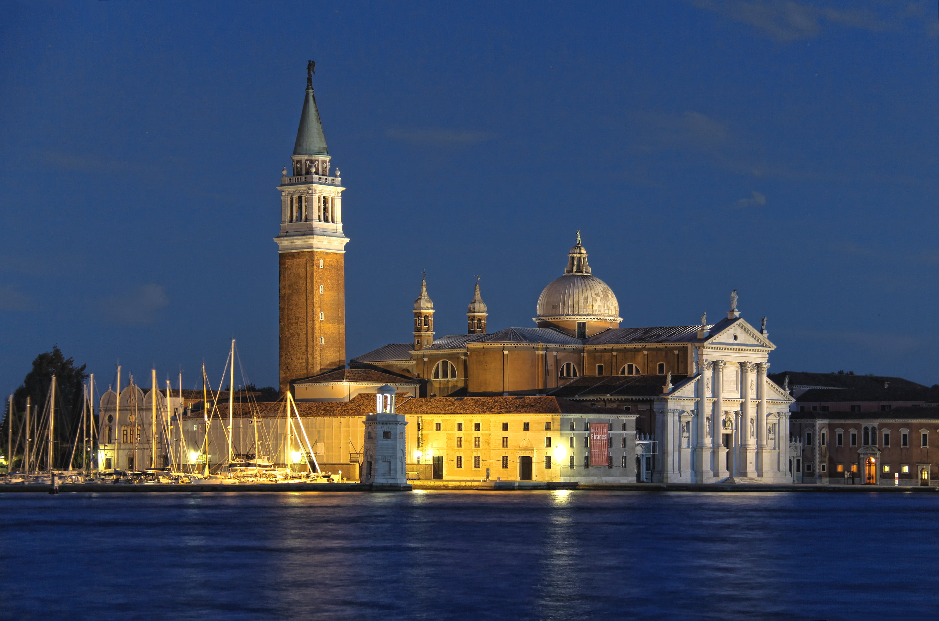 brown, dome, island  blue, water, venice, white, architecture, travel, church, tower, 2K, Nightfall, blue  hour, photo, basilica, marina, evening, Venice  Italy, HD Wallpaper