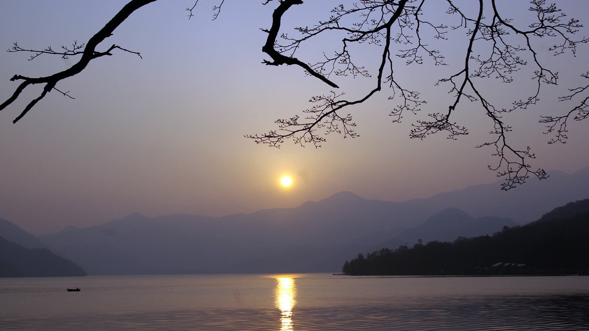 colors, nightfall, horizon, mountain range, tranquility, orange, silhouette, 1080P, sun, plant, reflection, outdoors, scenics - nature, lights, tranquil scene, HD Wallpaper