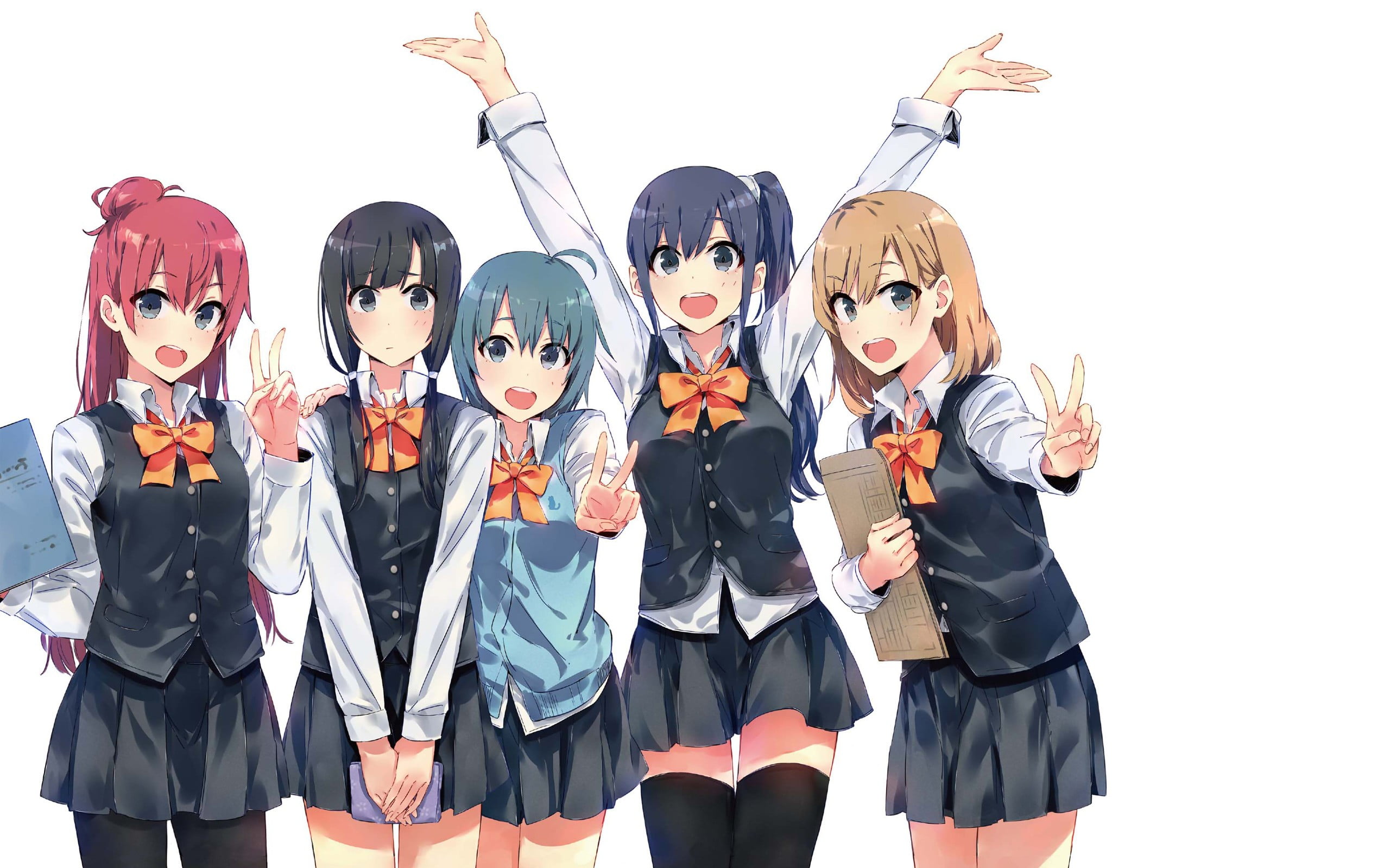 disguise, group of people, indoors, white background, black color, three quarter length, Miyamori Aoi, anime girls, looking at camera, celebration, young women, HD Wallpaper
