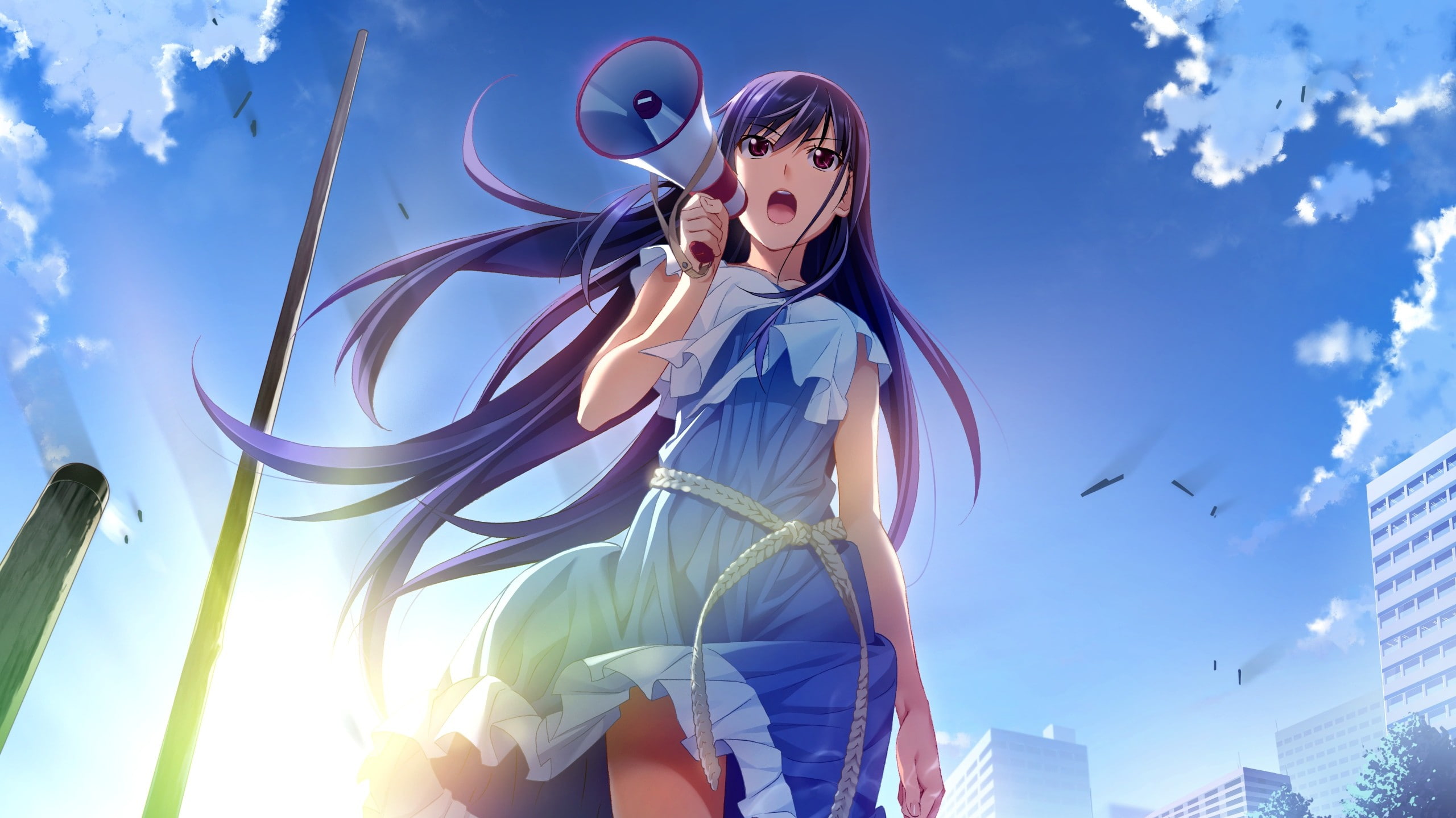 Sakaki Yumiko, anime girls, 2K, city, Grisaia no Kajitsu, sky, purple hair, anime, HD Wallpaper