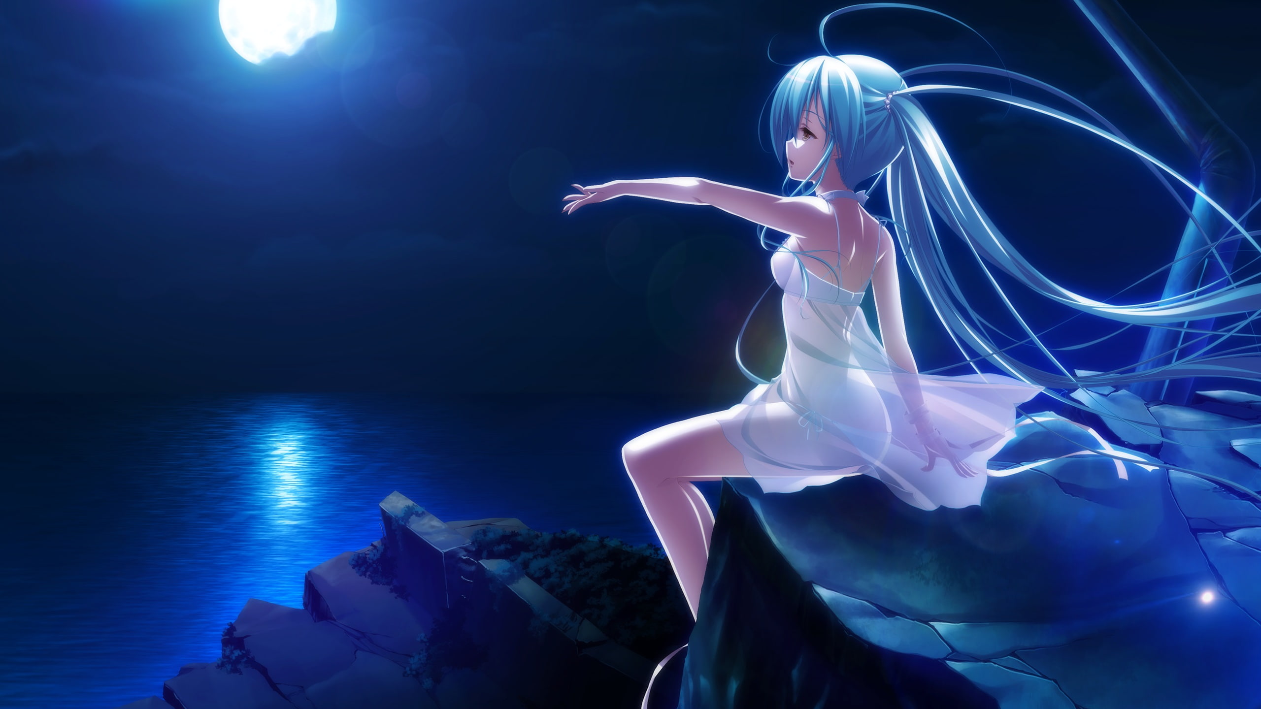 maki, night, gensou, sakaki, kokoro, 2K, water, long, hair, moon, twintails, idea, game, aqua, HD Wallpaper