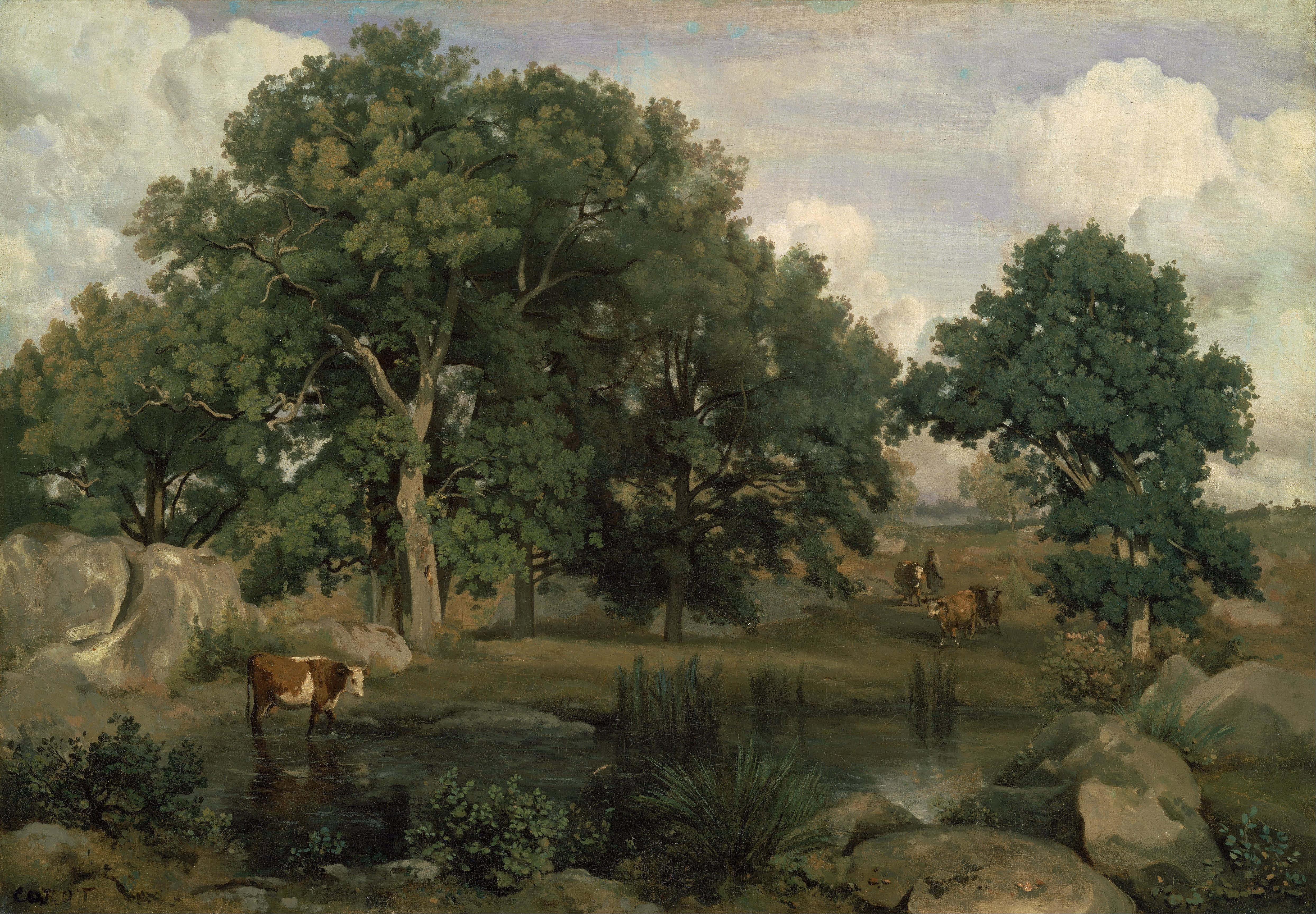 painting, landscape, 4K, cattle, outside, oil on canvas, scenics - nature, rocks, domestic animals, pond, no people, water, artistic, herbivorous, livestock, HD Wallpaper