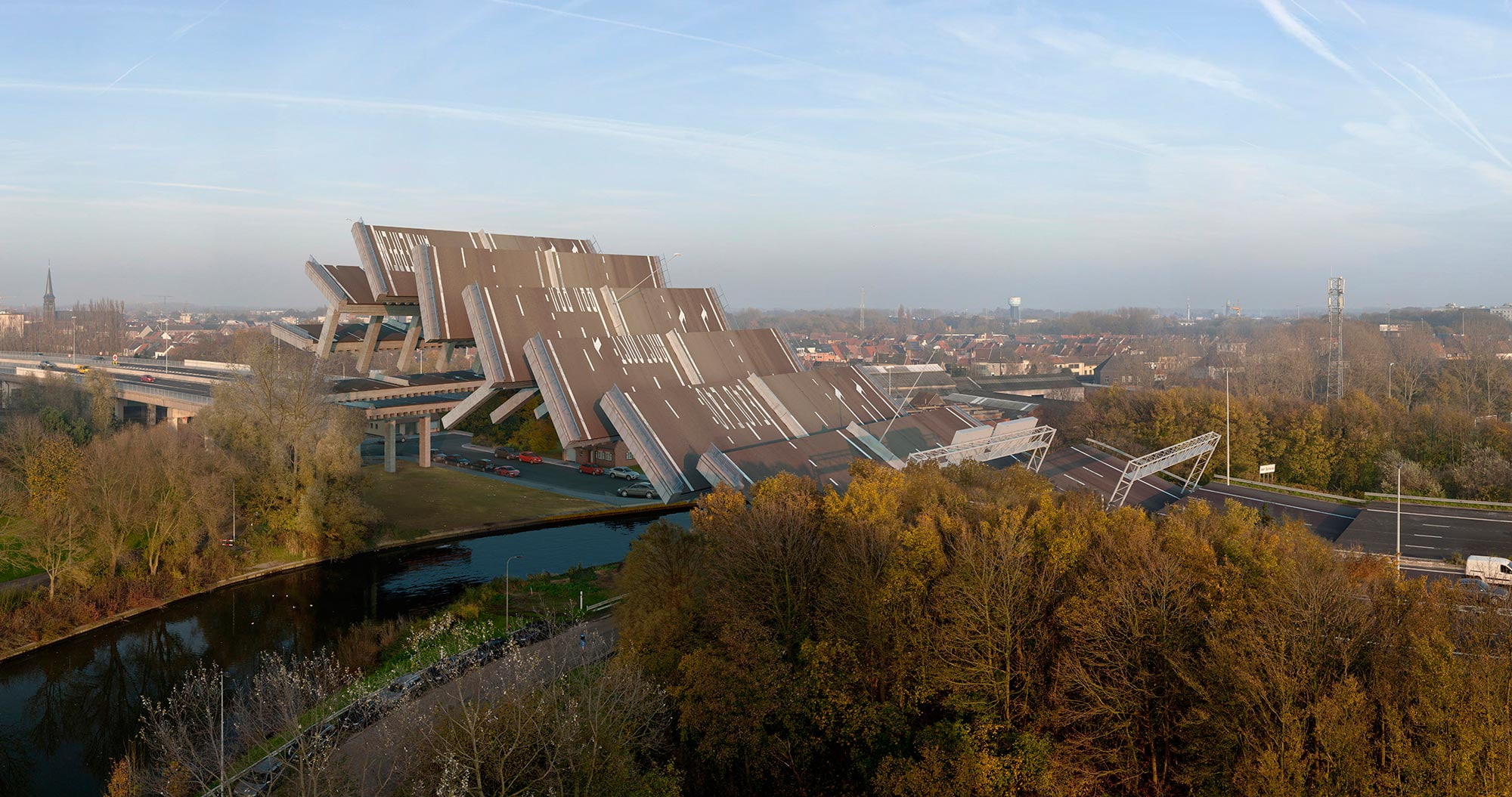 surreal, river, trees, building, architecture, 1080P, Photoshop, digital art, bridge, Victor Enrich, photo manipulation, town, HD Wallpaper