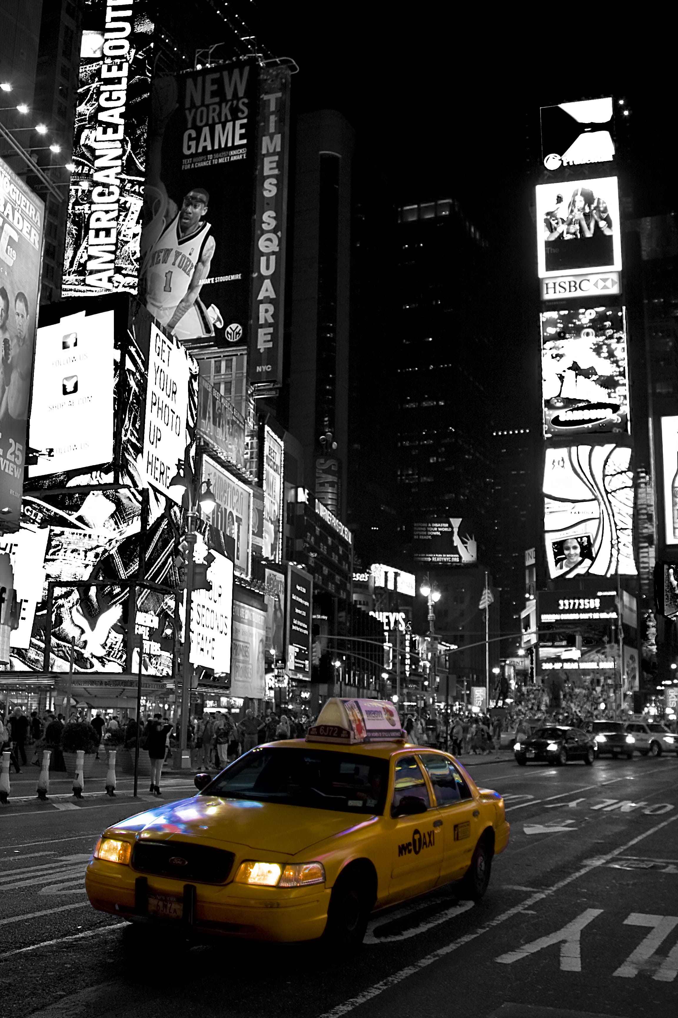commercial sign, city life, advertisement, built structure, car, skyscraper, office building exterior, architecture, taxi, illuminated, Time Square, mode of transportation, Phone HD Wallpaper