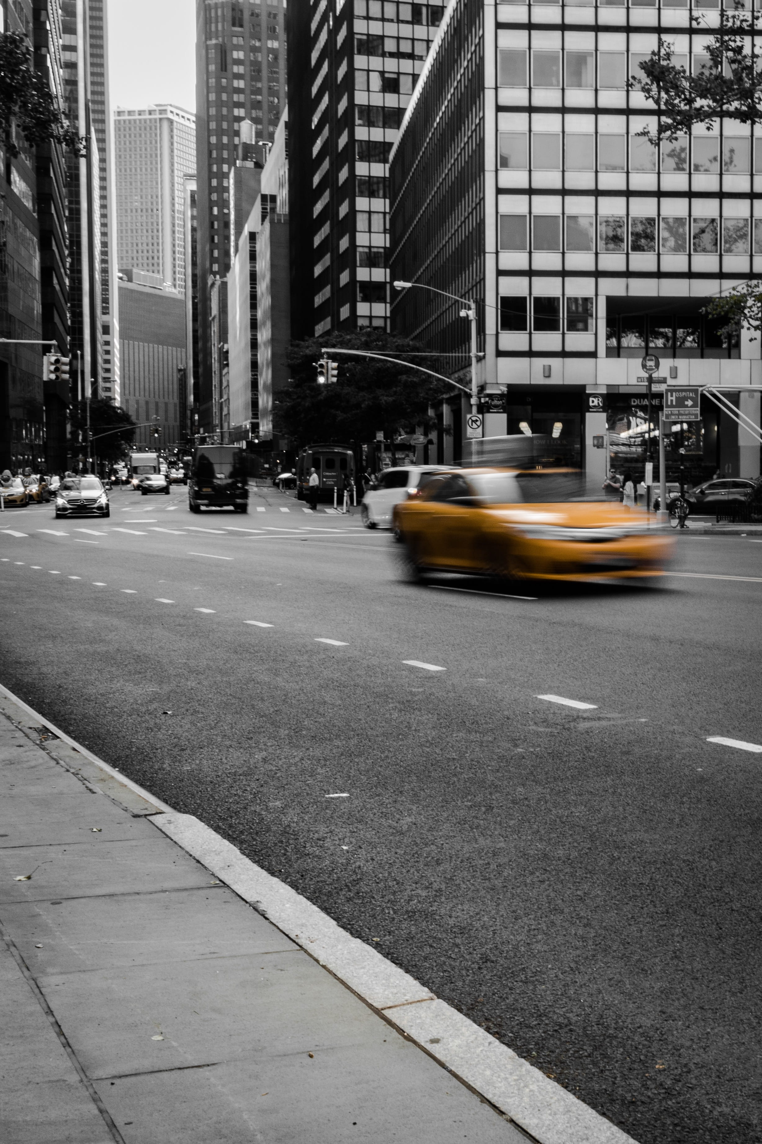 land vehicle, architecture, united states, nyc, manhattan, buildings, new york, yellow cab, city life, motor vehicle, motion, skyscraper, traffic, cityscape, Phone HD Wallpaper