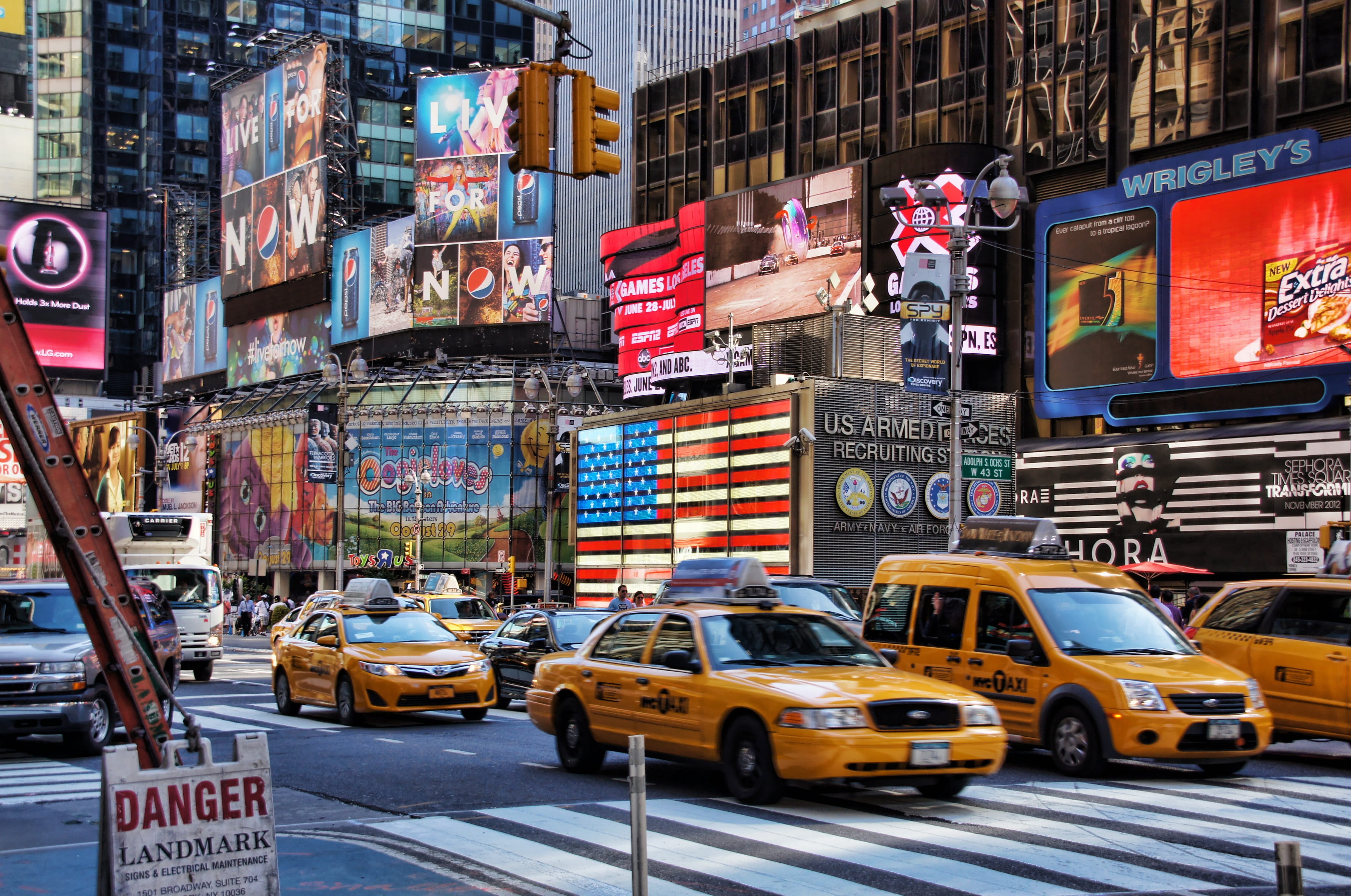 city, motor vehicle, yellow, travel destinations, broadway, car, skyscraper, 2K, time, communication, advertisement, architecture, street, New York Time, HD Wallpaper