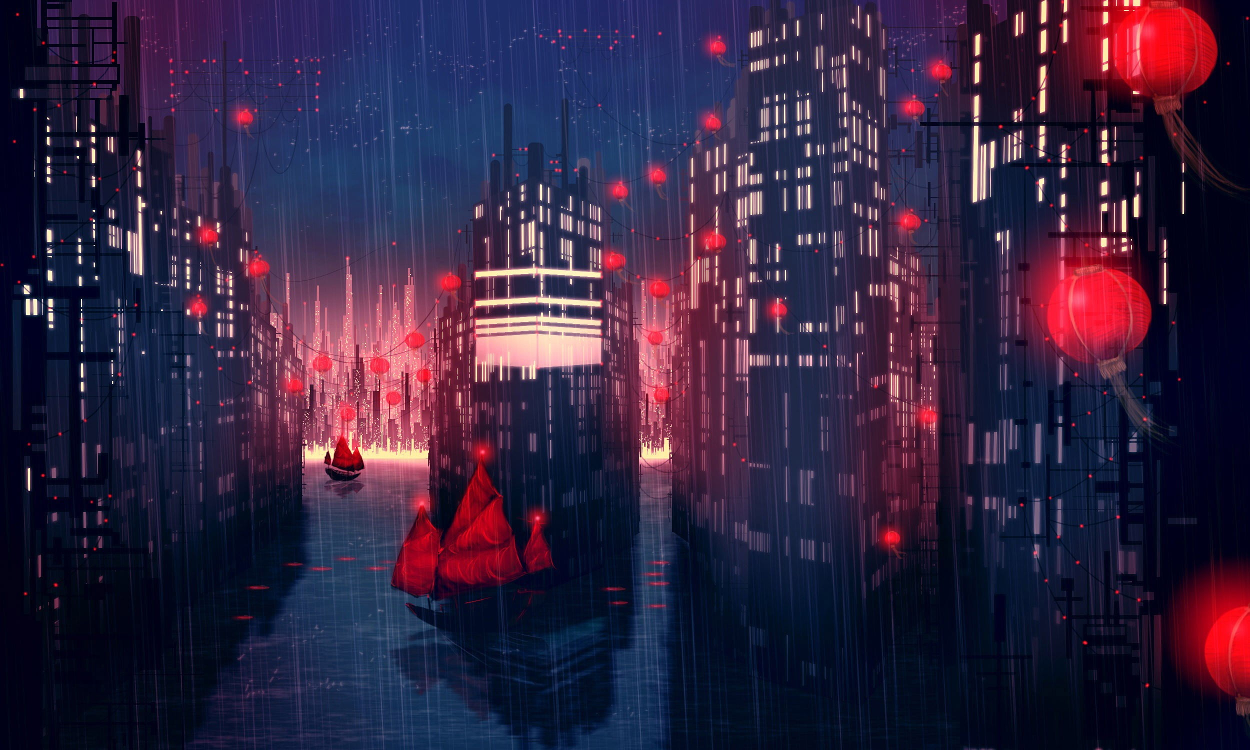 one person, anime, sitting, red, lantern, night, building, 1080P, rain, skyscraper, sailing ship, city life, motion, outdoors, buildings, water, light, HD Wallpaper