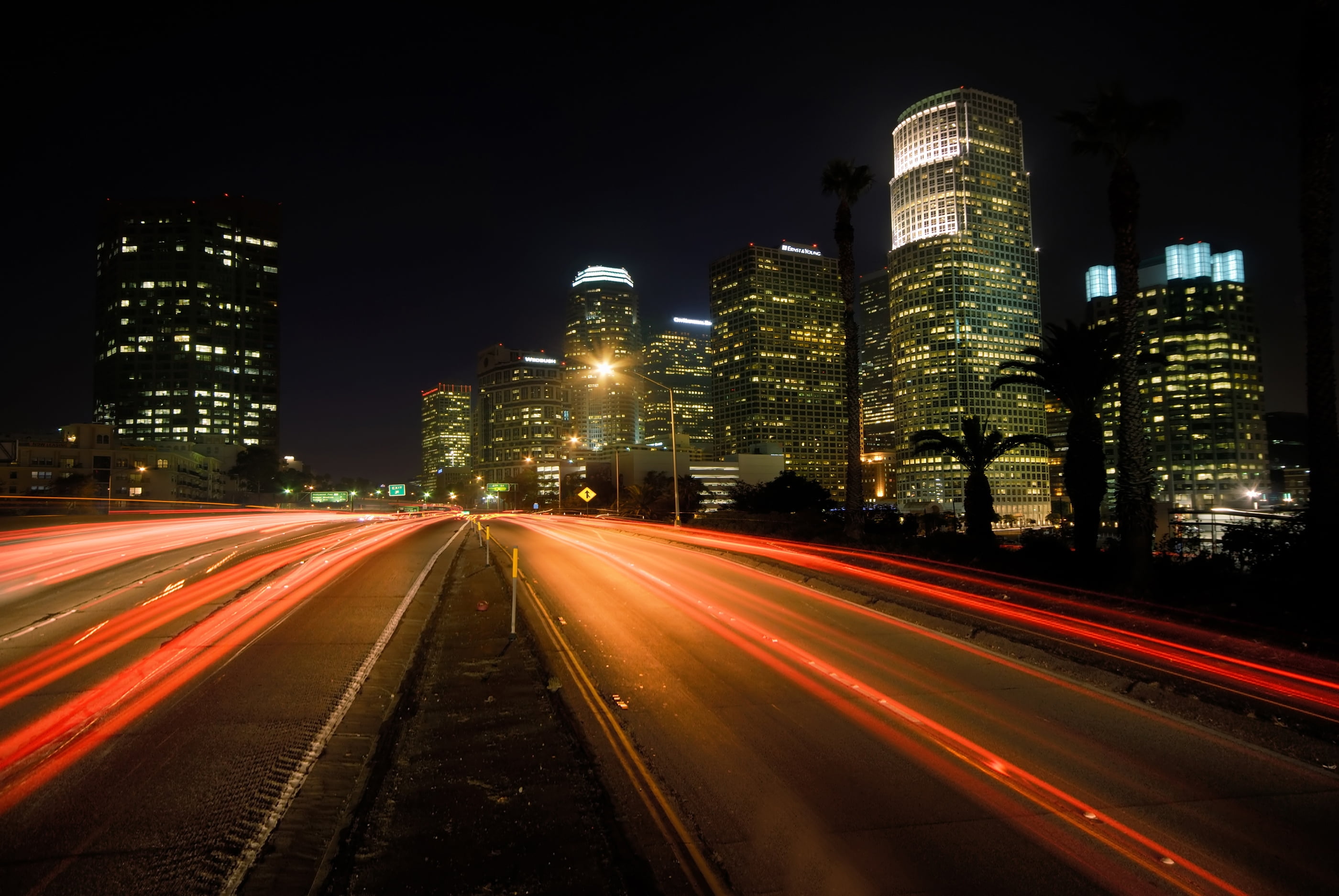 no people, urban Skyline, tower, night, asia, los angeles, road, illuminated, highway, red, outdoors, city, traffic, modern, motion, dusk, hong Kong, famous Place, HD Wallpaper