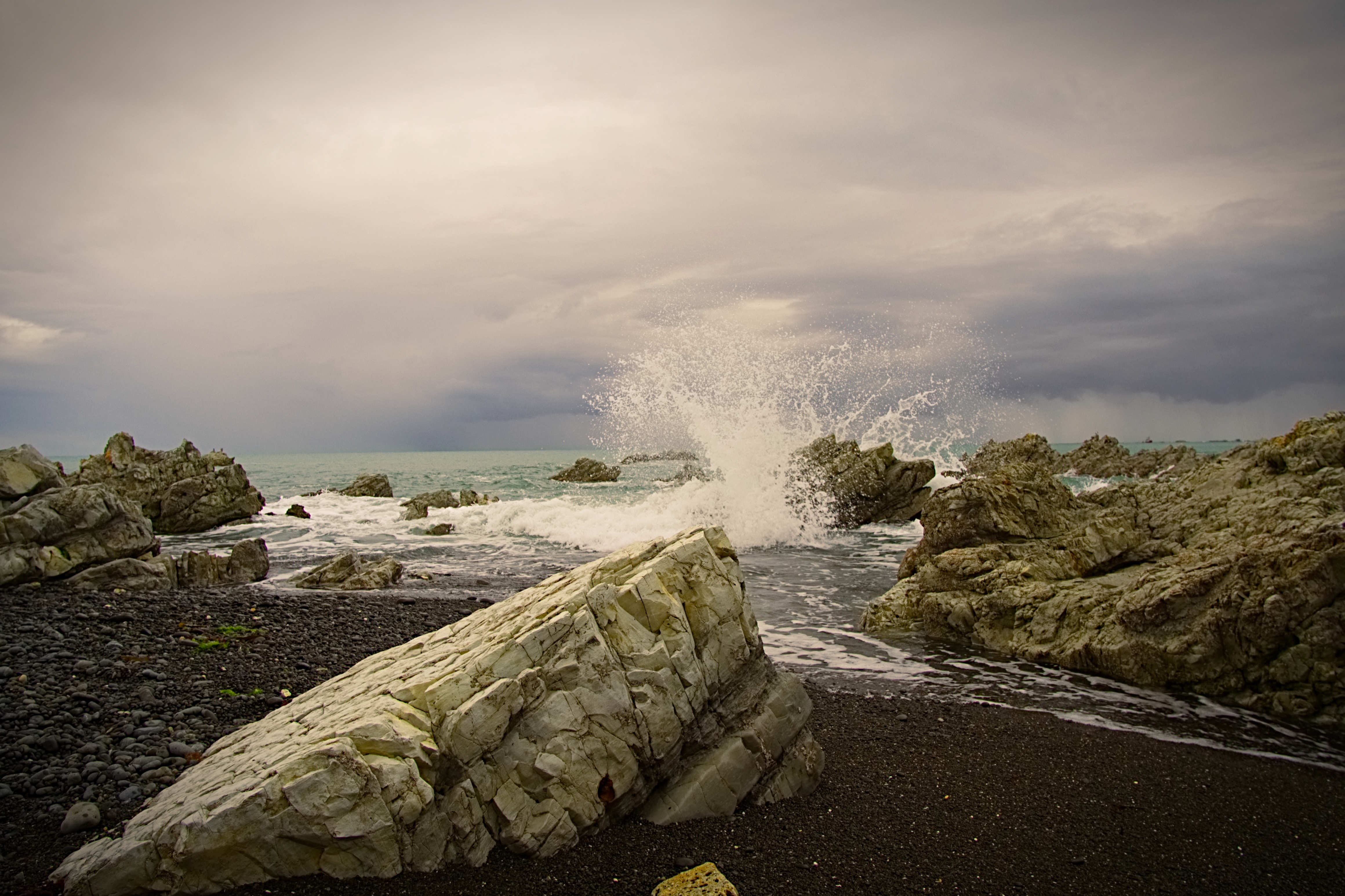 environment, beach, solid, waves, nature, rocks, cloud - sky, side, hectic, ocean, cloudy, scenics - nature, wind, landscape, rock, power, motion, beauty in nature, HD Wallpaper
