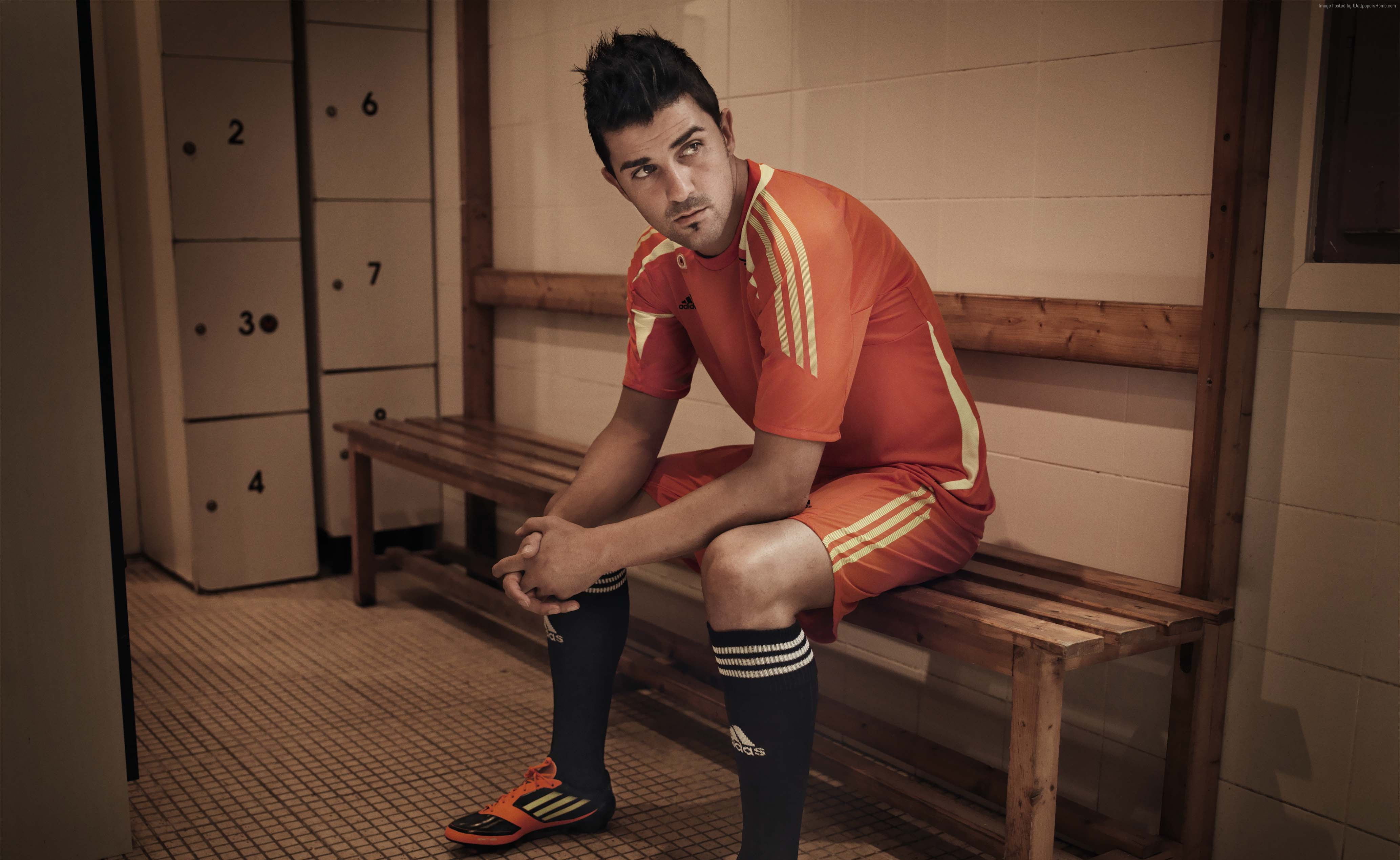 Football, athlete, one person, young men, David Villa, clothing, full length, dressing room, The best football players, sports clothing, seat, contemplation, HD Wallpaper