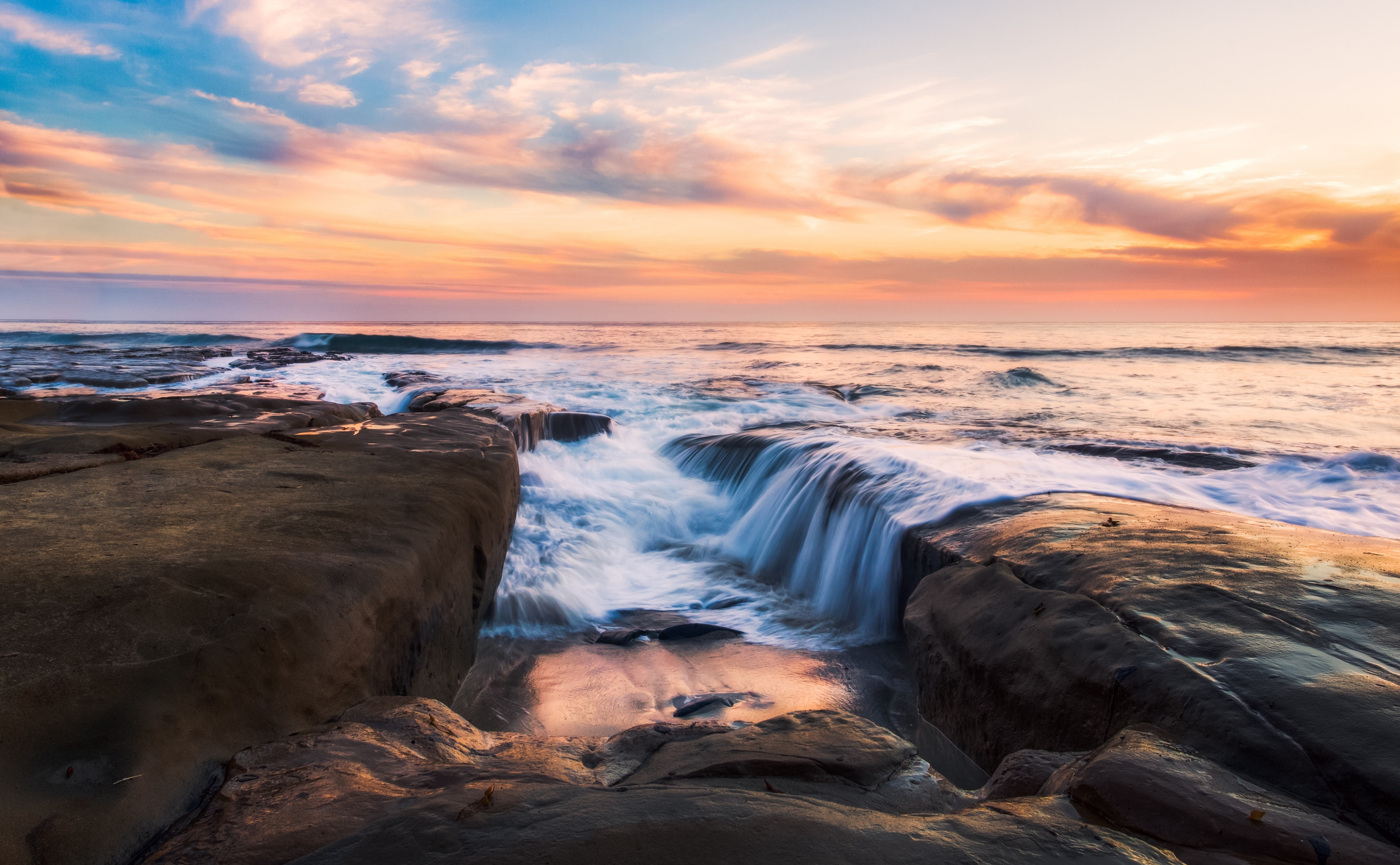Shore, idyllic, Cloudy, Beach, Color, Colorful, canon5d, lajolla, Rush, land, no people, canon5dmarkiii, outdoors, Flow, 5dmark3, Sand, Rock, Wave, Colors, HD Wallpaper