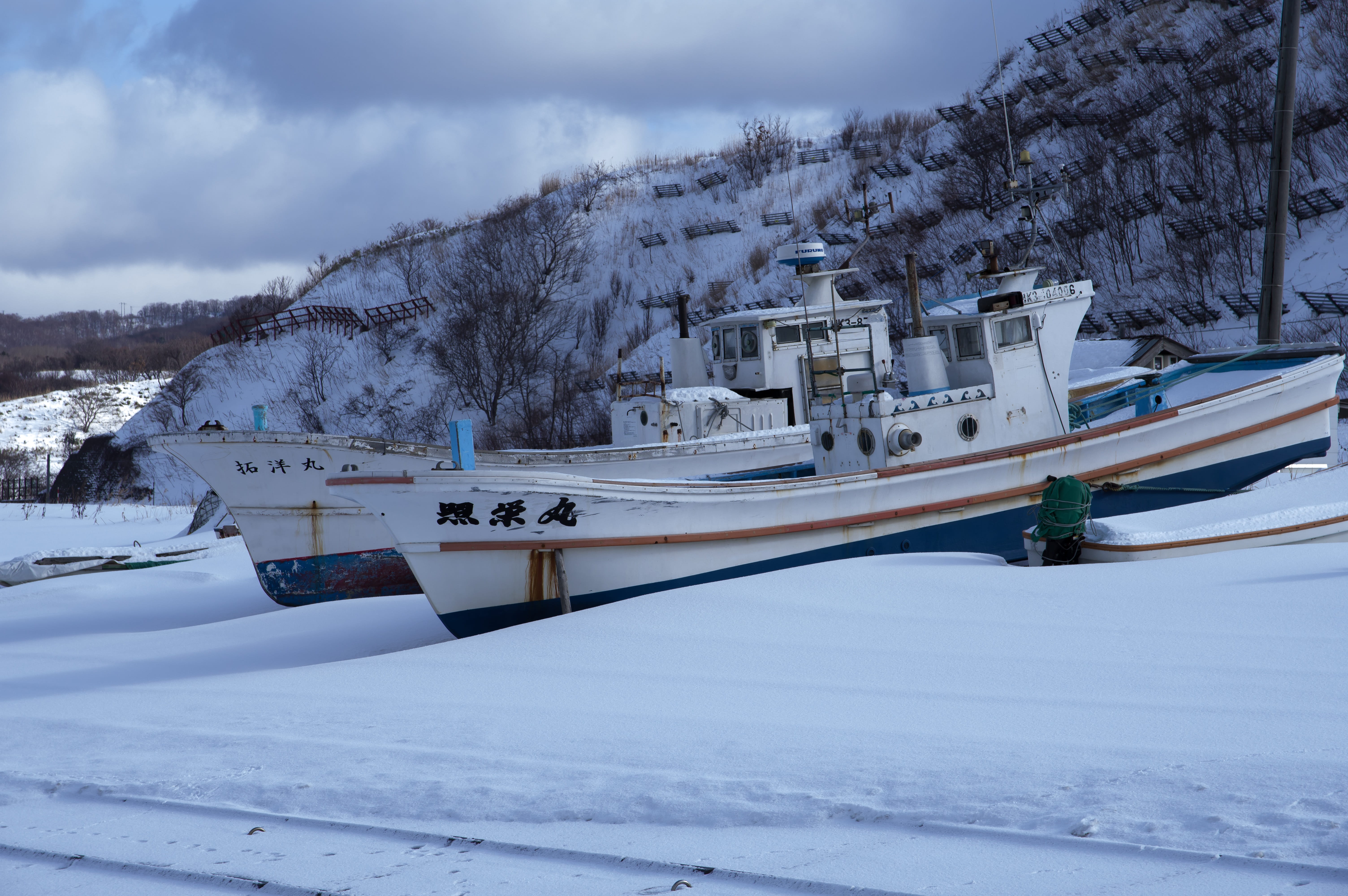 sky, no people, japan, mountain, winter, tree, architecture, port, covering, cloud - sky, sapporo, day, snowcapped mountain, boats, hokkaido, white color, HD Wallpaper