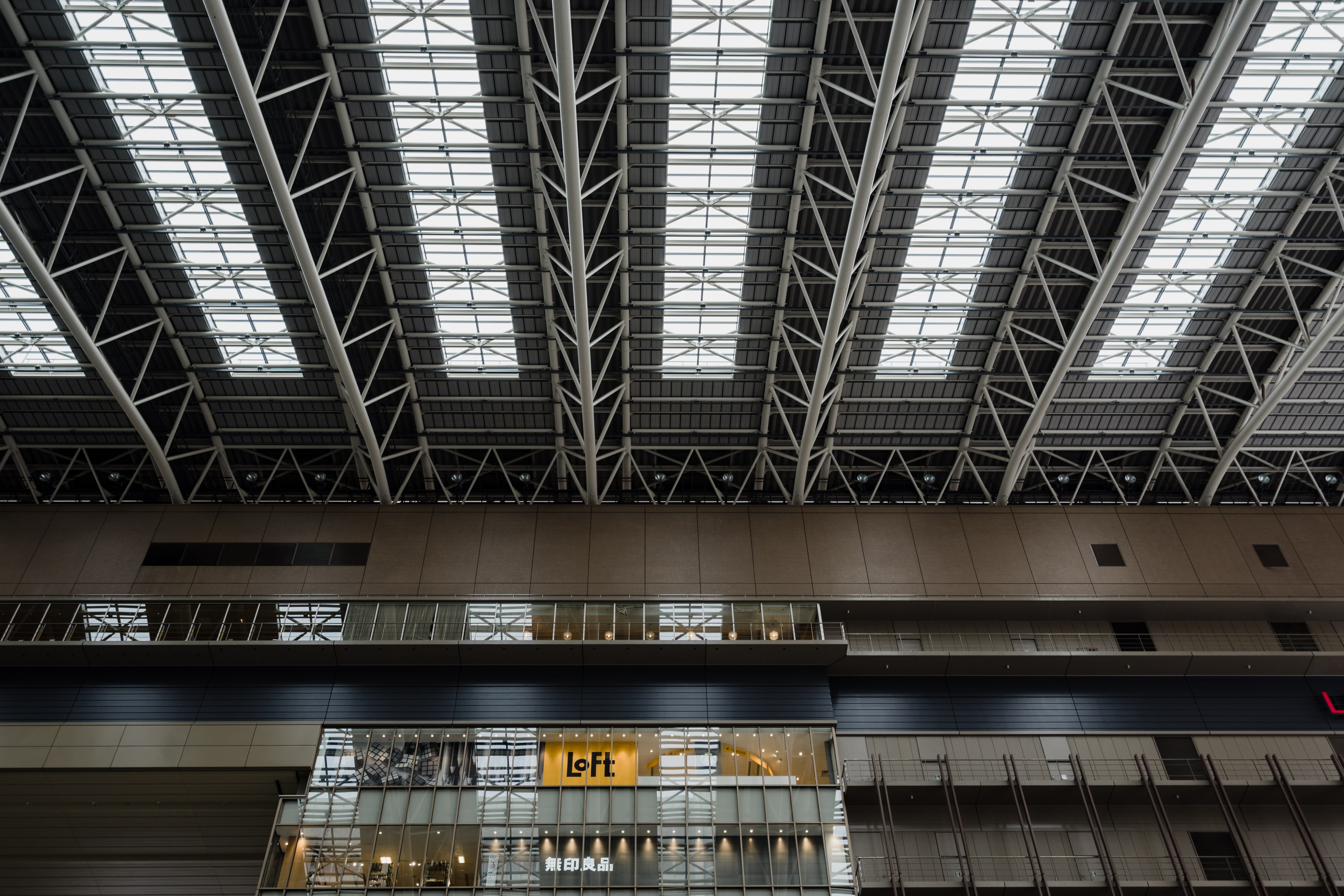 urban, ceiling, glass - material, exploration, pattern, day, modern, station, built structure, transportation, indoors, osaka, metal, minimal, railroad station, HD Wallpaper