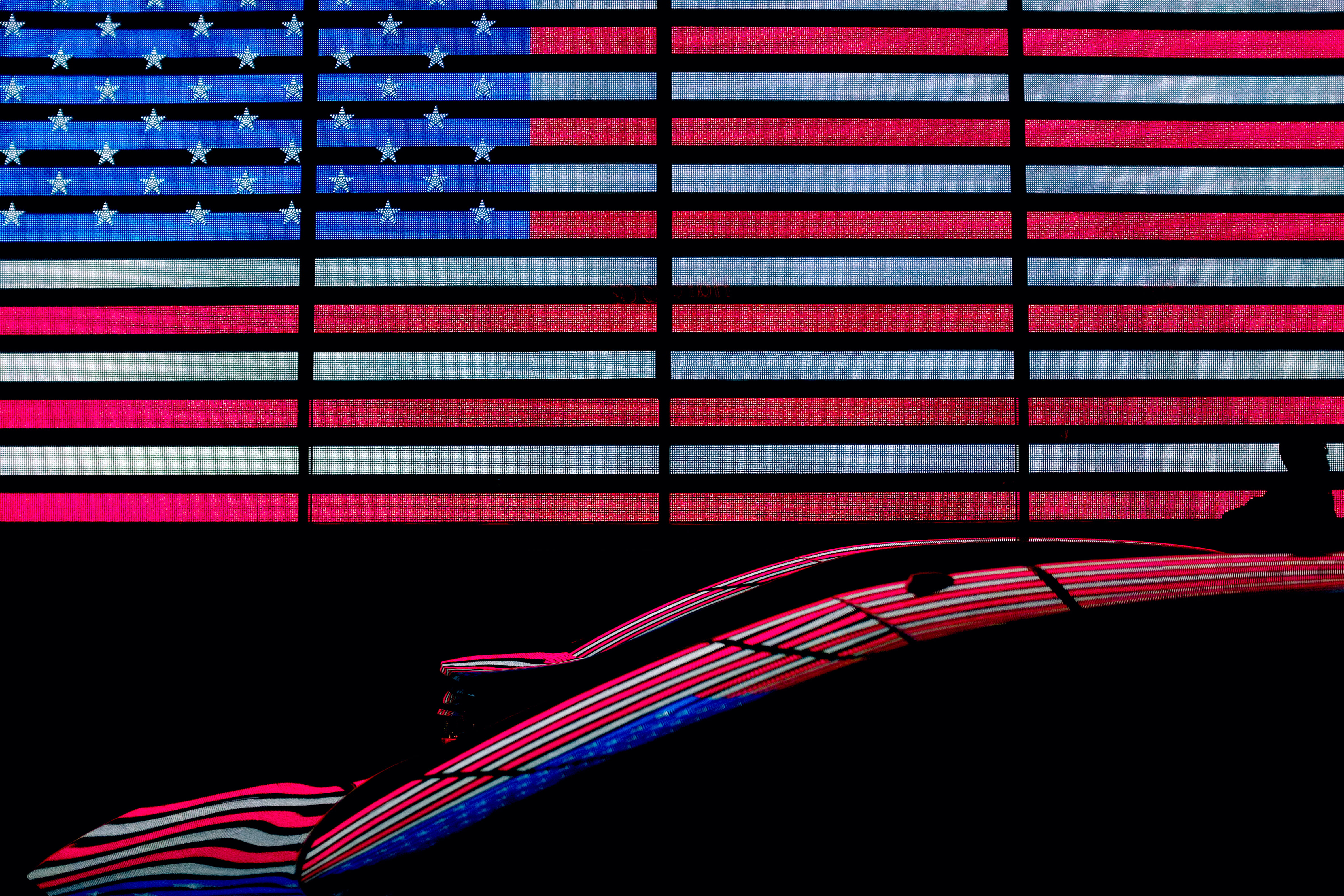 flag, car, 4K, no people, connection, neon, front, night, striped, timesquare, light trail, multi colored, red, red white and blue, pattern, screen, speed, HD Wallpaper