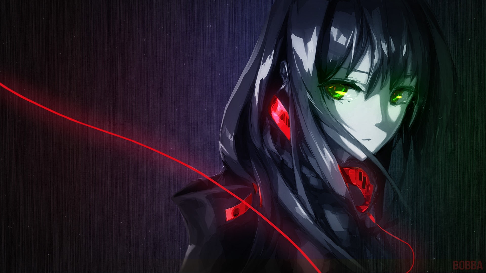 adult, one person, chaos, art and craft, black background, abstract, anime girls, portrait, light trail, human face, illuminated, headphones, green color, HD Wallpaper