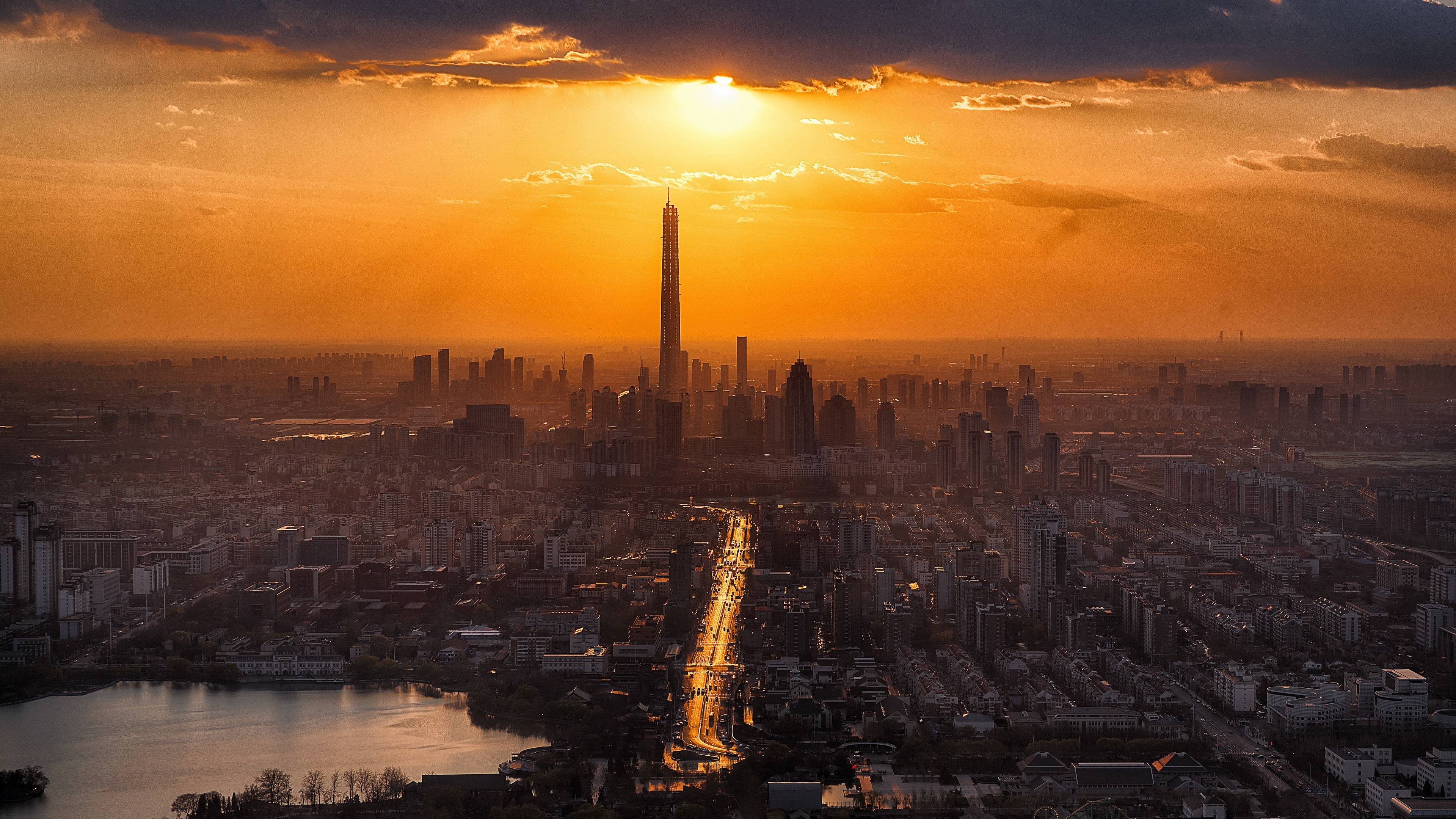 sky, cityscape, tianjin chow tai fook binhai center, horizon, tianjin ctf finance centre, 4K, china, skyscraper, orange sky, city, asia, skyline, sunlight, HD Wallpaper