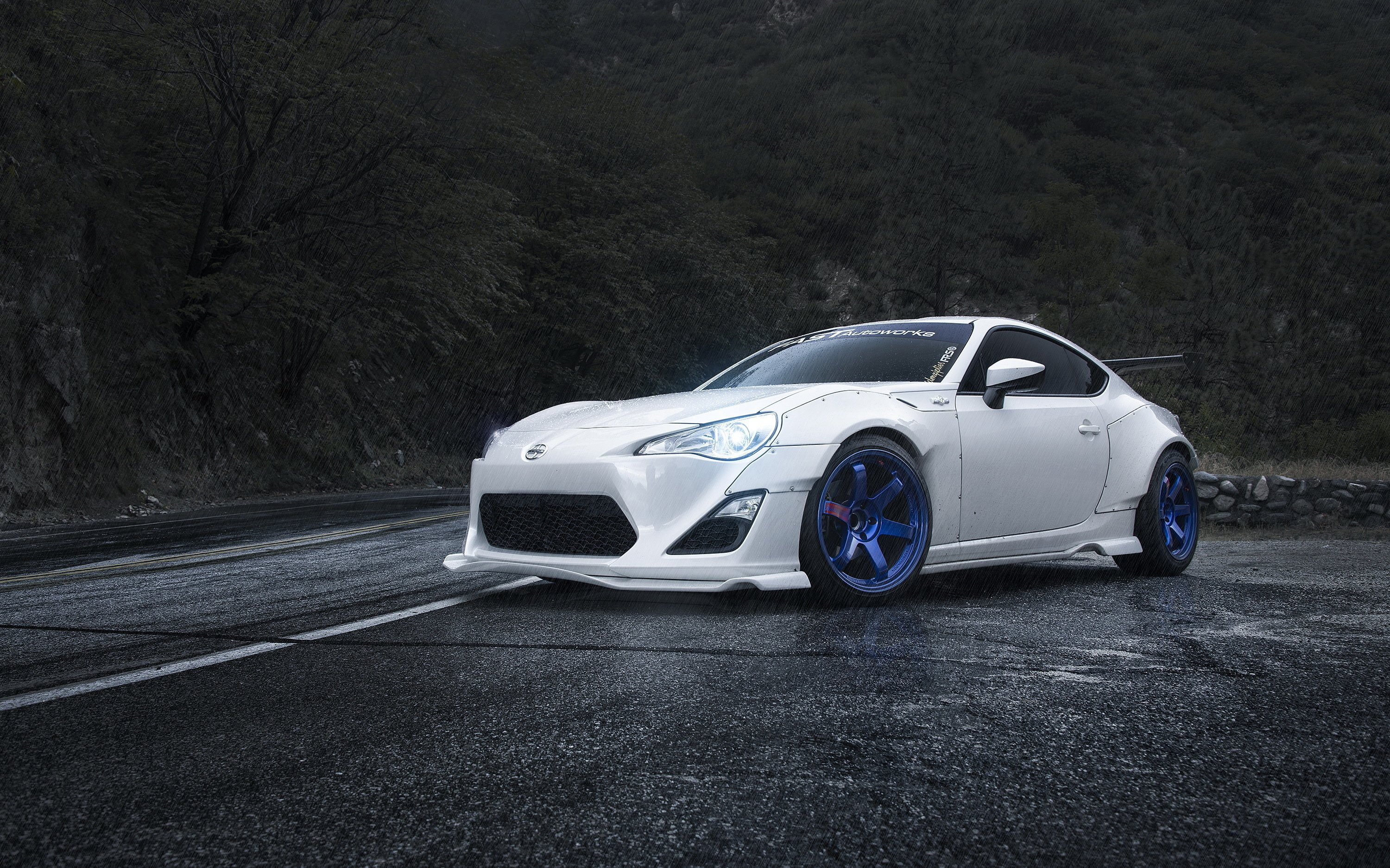 Toyobaru, car, front angle view, rain, 2K, Scion FR-S, road, vehicle, Scion, tuning, HD Wallpaper