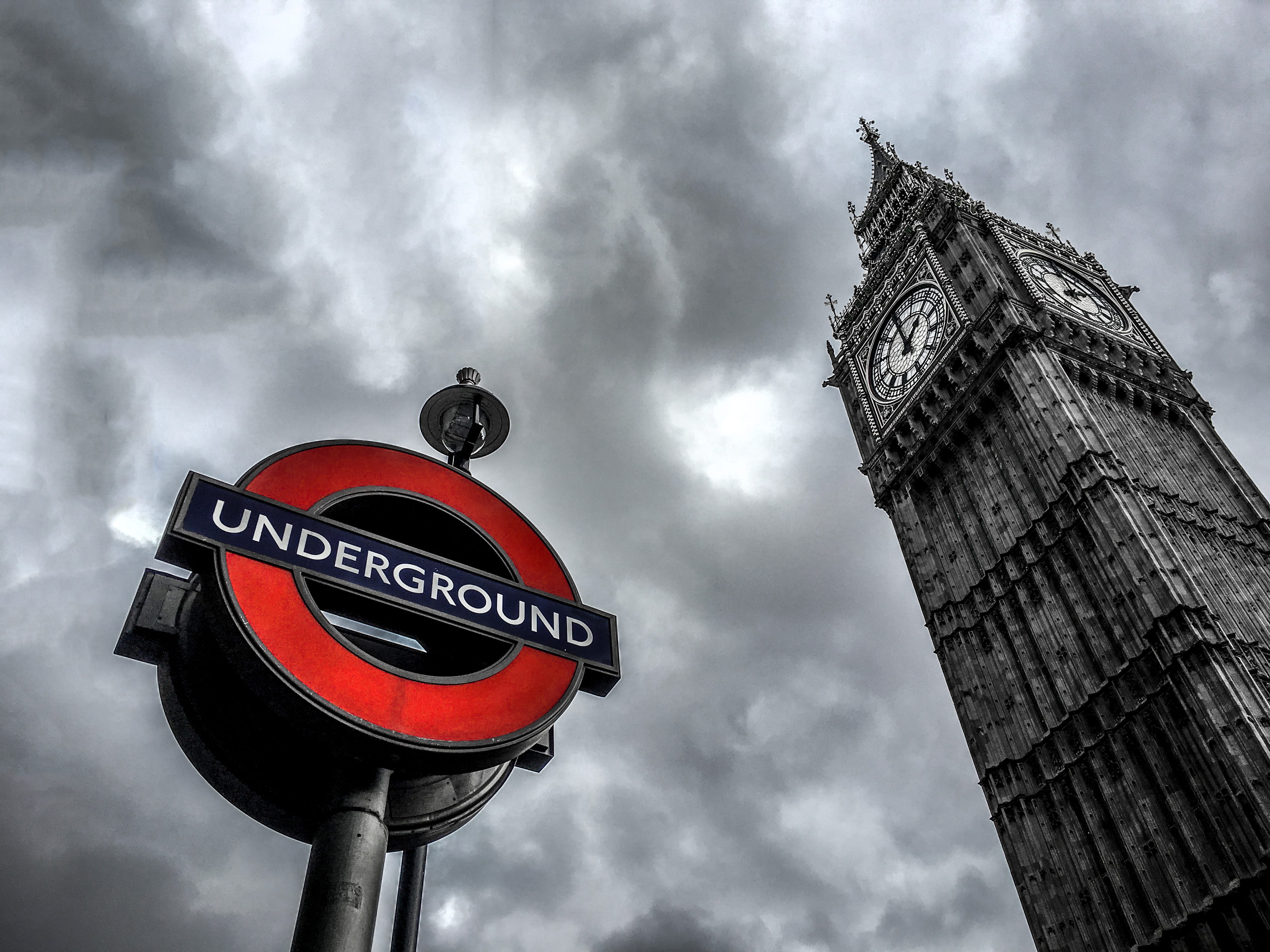 architecture, no people, information sign, communication, text, day, cloudy, road, sign, nature, road sign, cloud - sky, underground, london, red, big ben, HD Wallpaper
