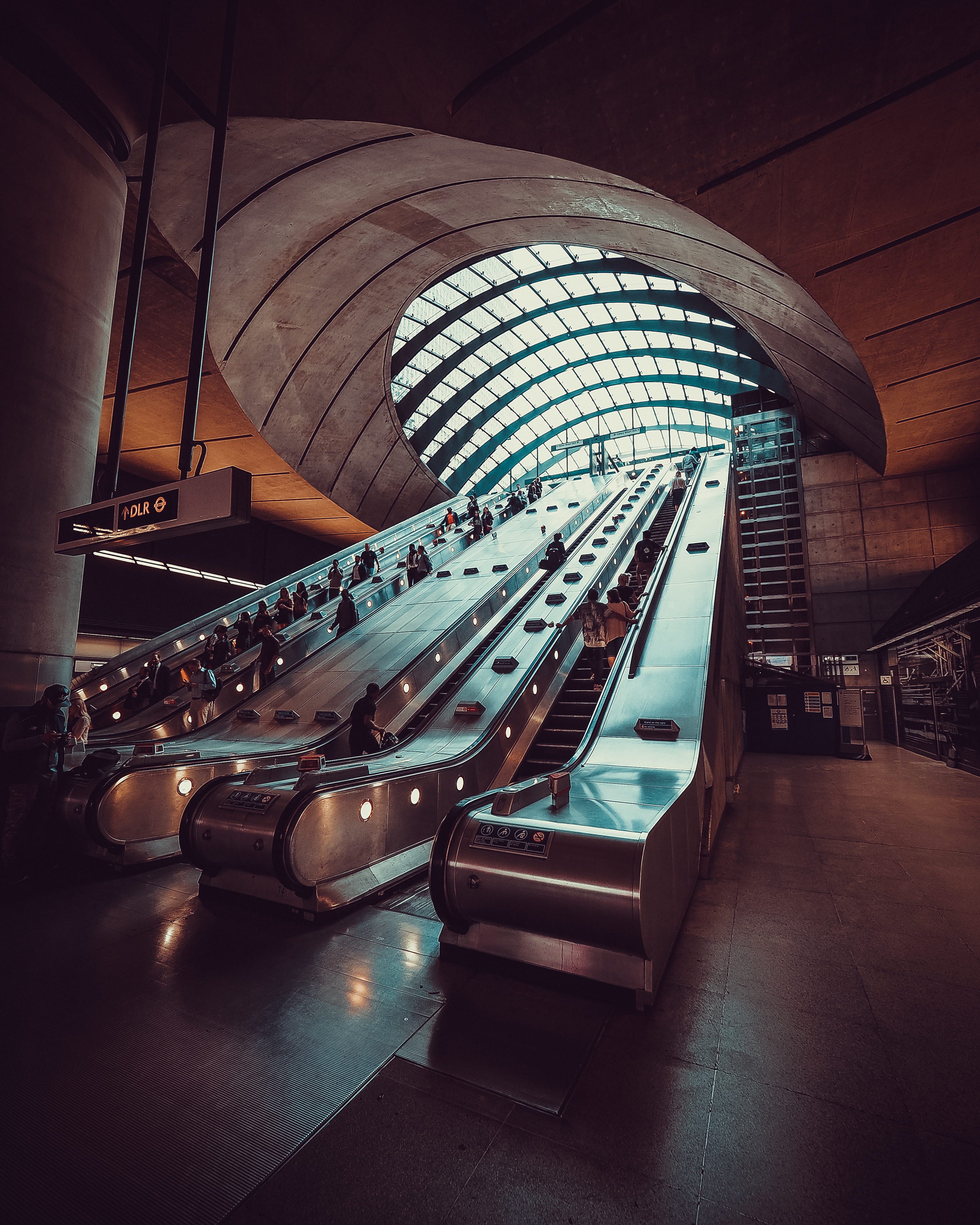 subway station, staircase, ceiling, transportation, canary, architecture, railing, car, mode of transportation, indoors, city, escalator, underground, illuminated, Phone HD Wallpaper