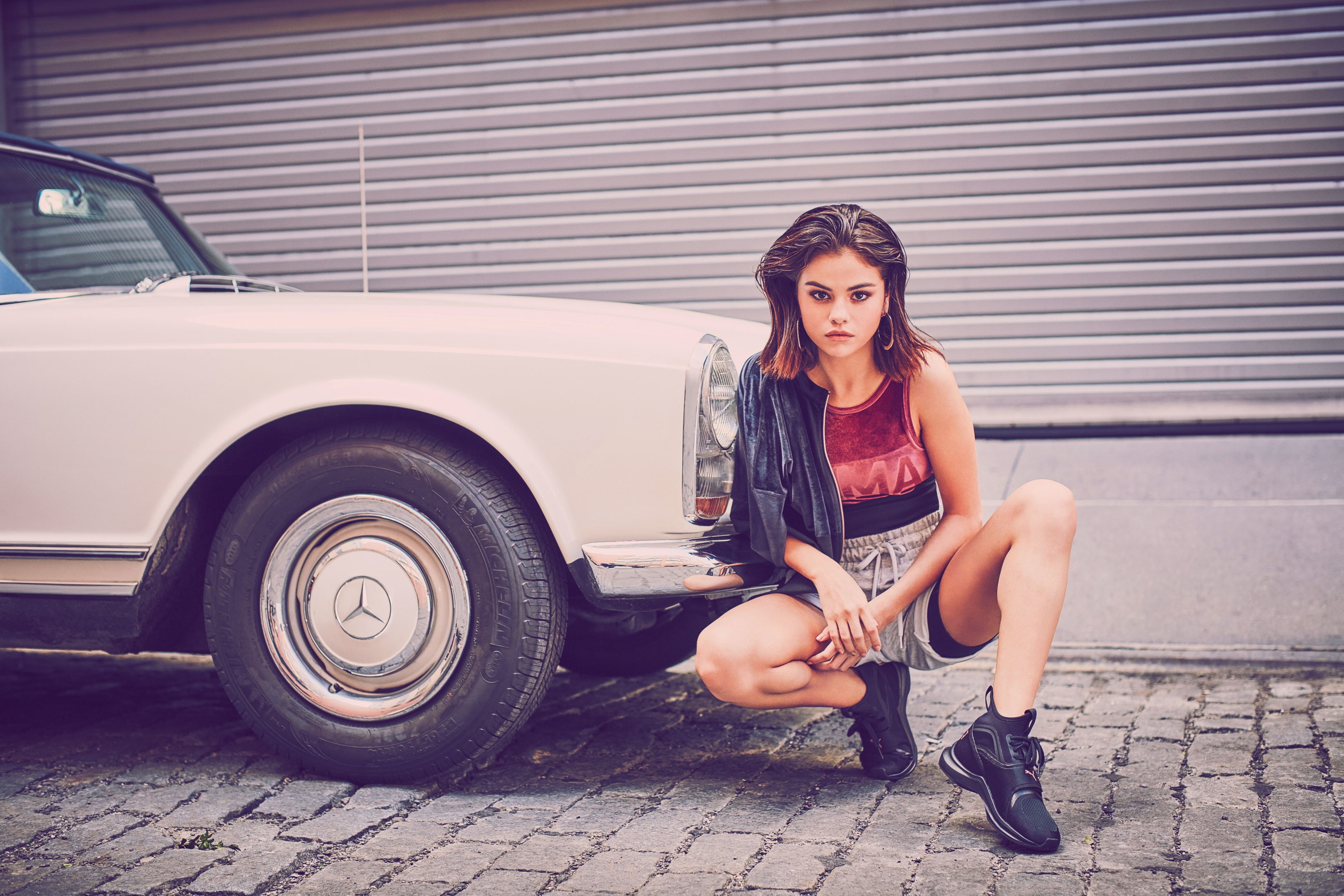 beautiful woman, outdoors, fashion, waiting, long hair, women, transportation, architecture, young adult, full length, mode of transportation, city, Selena Gomez, HD Wallpaper