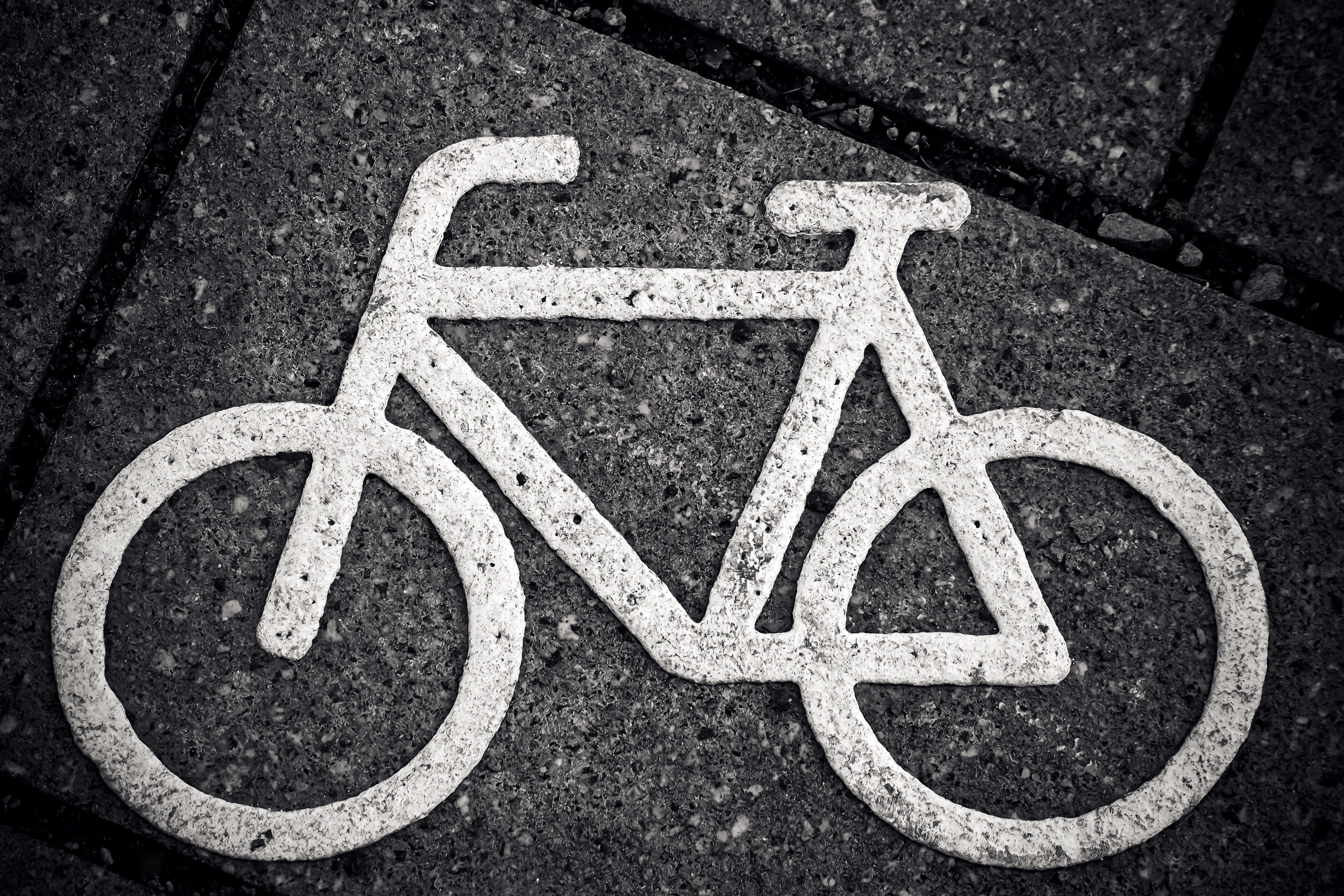city, black white, day, asphalt, wheel, high angle view, road network, safety, silver, road, patch, sign, information, transportation, away, bicycle lane, HD Wallpaper
