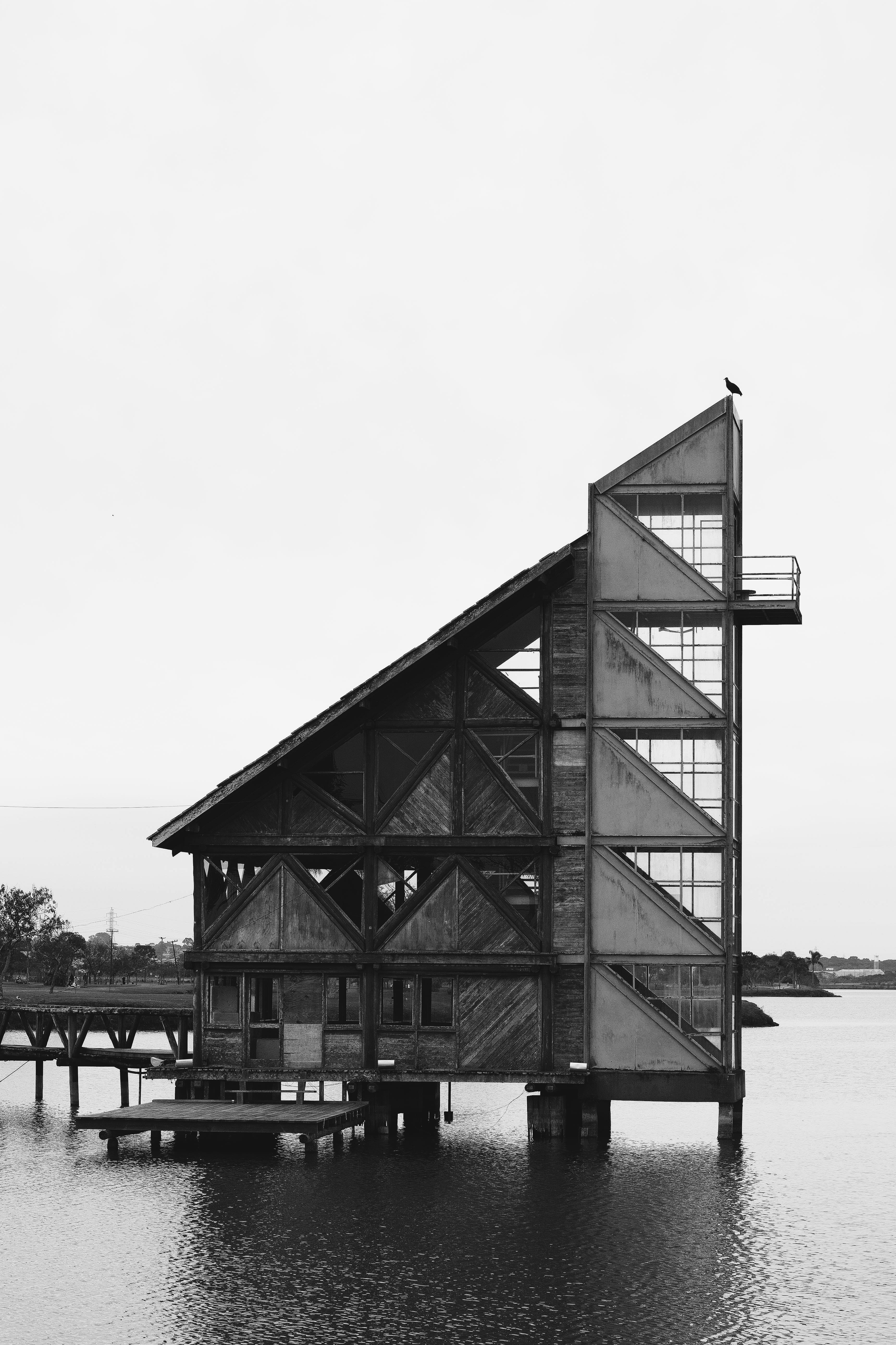 photo, bird, hut, shelter, clear sky, curitiba, rural, water, sky, body, sea, grayscale, bridge, architecture, 5K, dock, structure, transportation, no people, Phone HD Wallpaper