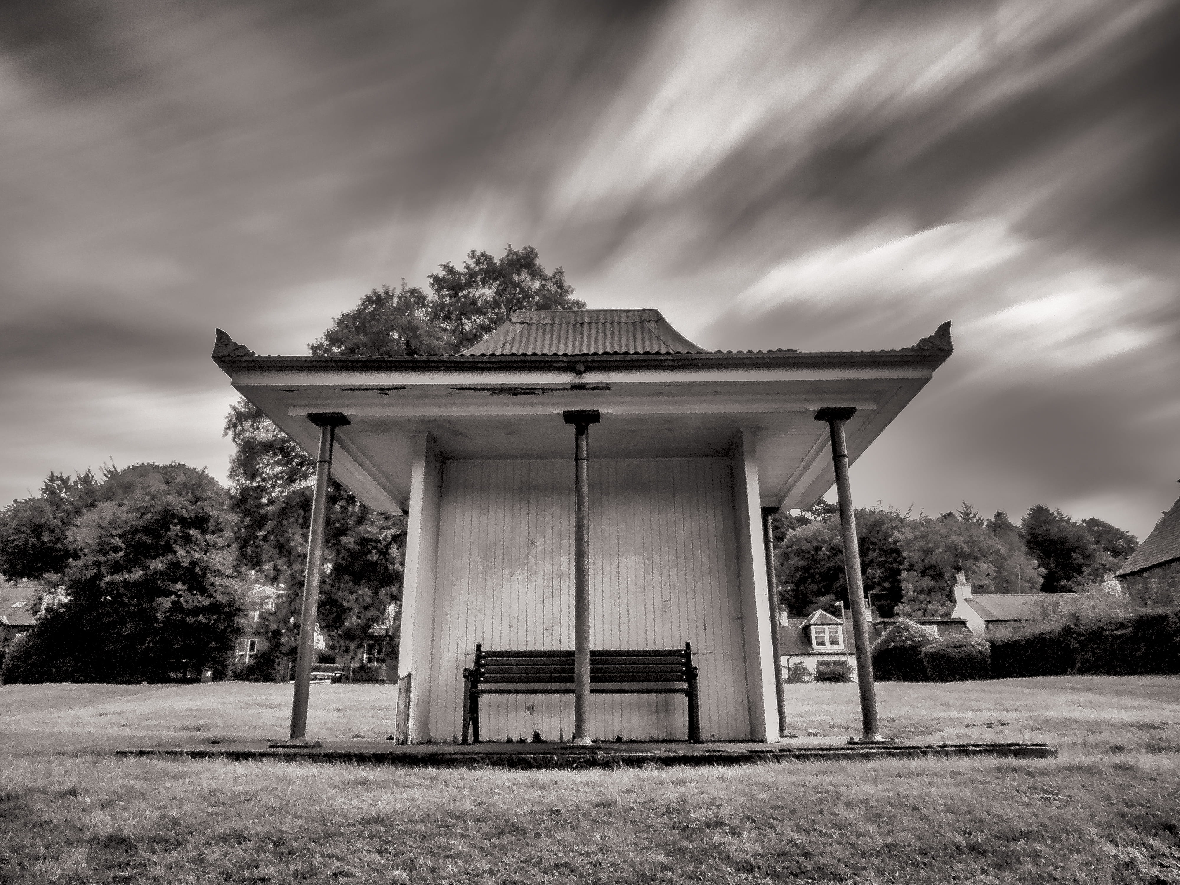 sky, building, 4K, furniture, grass, landscape, porch, architecture, land, outdoors, photo, building exterior, weather, hut, old, bus stop, rural, cloud - sky, HD Wallpaper