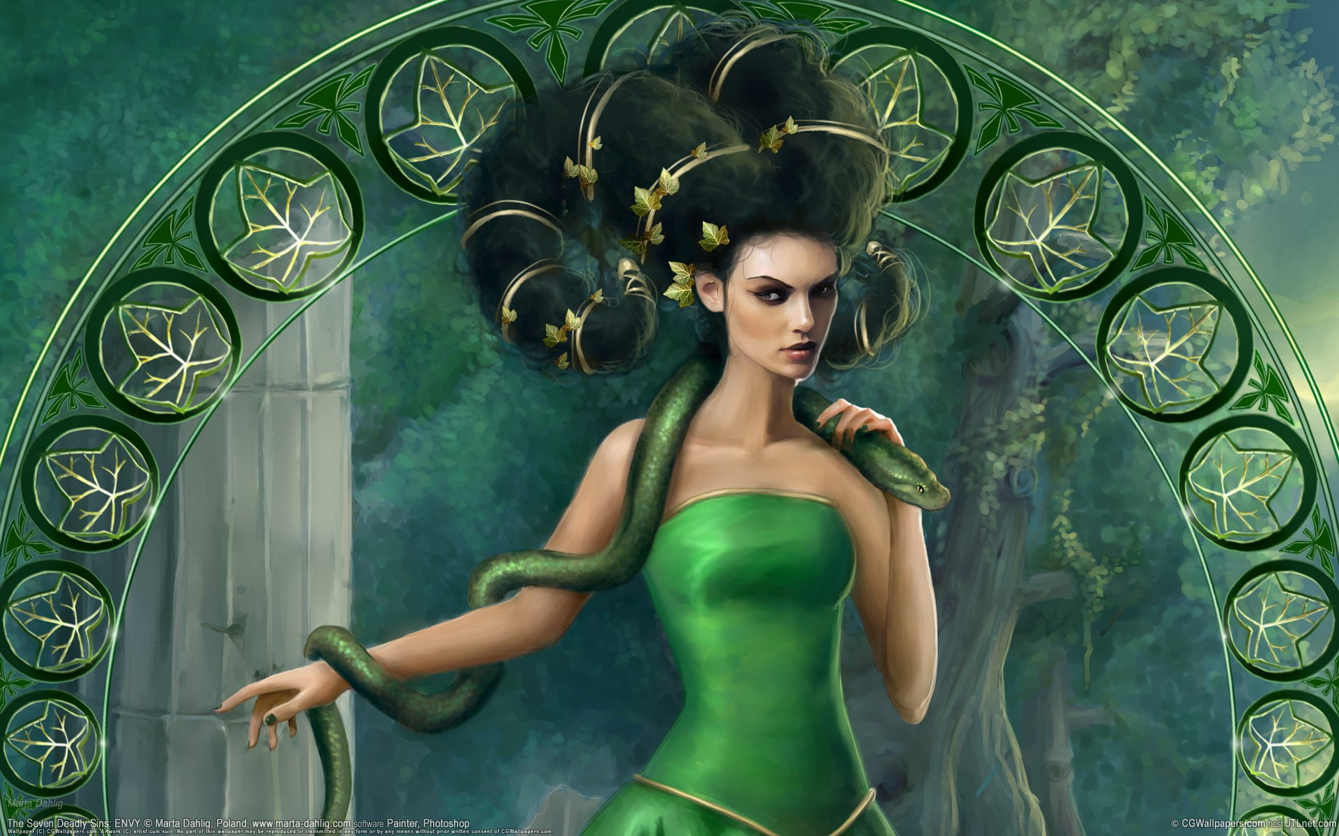 1080P, long hair, snake, drawing, young adult, hairstyle, green, three quarter length, nature, beautiful woman, artwork, Envy, one person, hair, beauty, HD Wallpaper