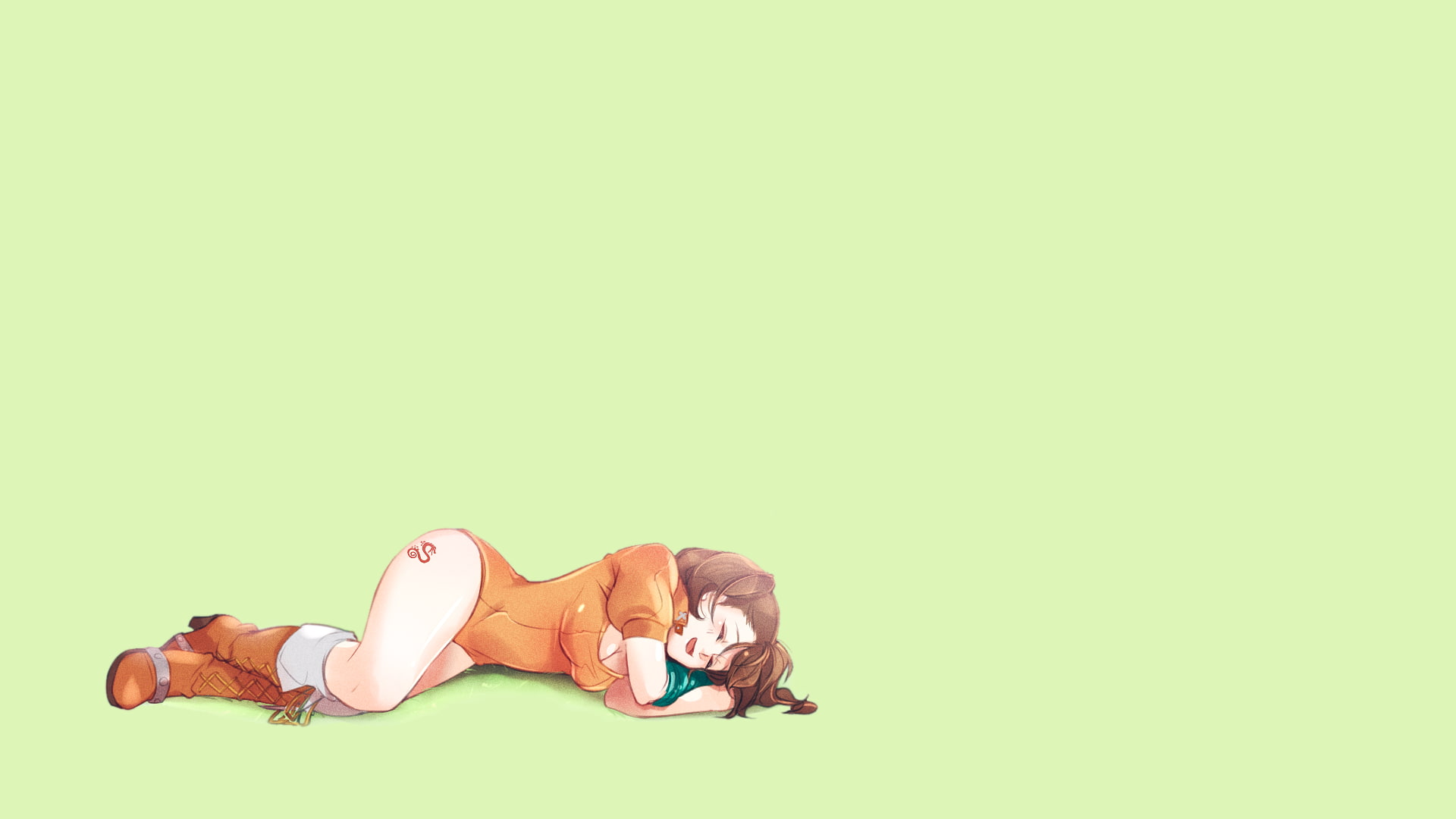 Sleeping, emotion, women, green color, lying down, Diane (Sin Of Envy), young adult, green background, full length, 1080P, portrait, studio shot, people, HD Wallpaper