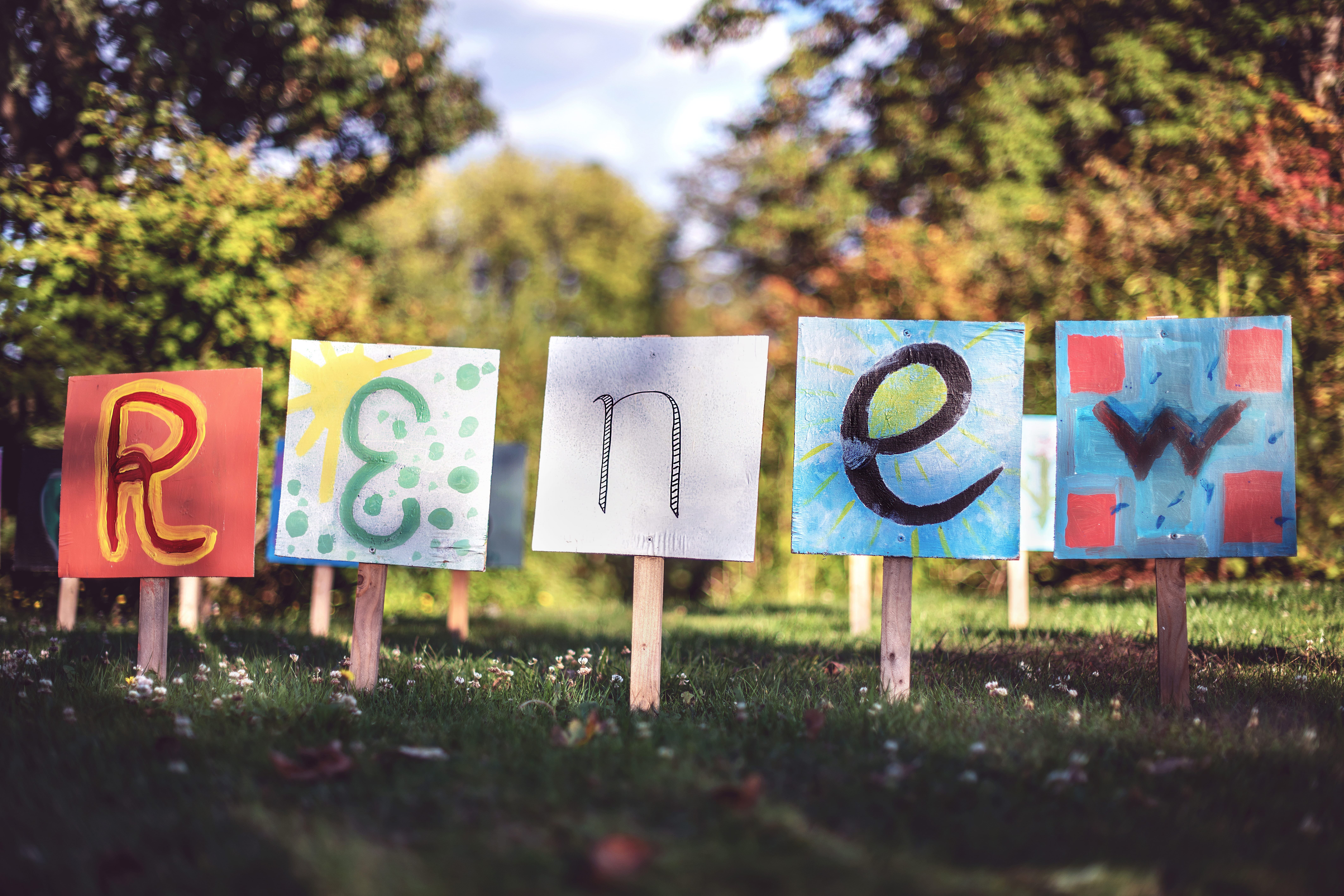 summer, no people, renew, symbol, multi colored, creativity, environment, selective focus, land, outdoors, art, trees, graffiti, park, information, outside, HD Wallpaper