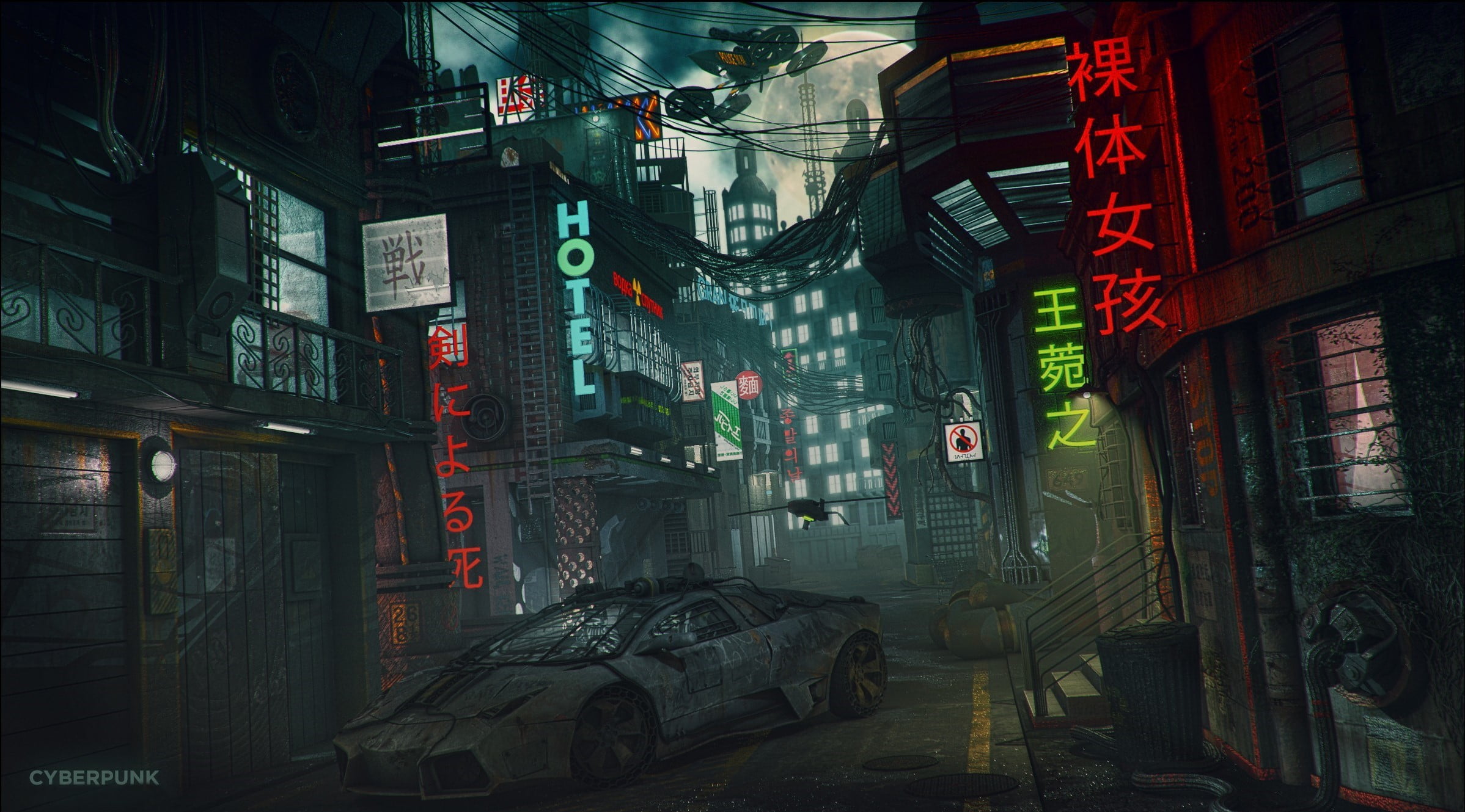 non-western script, architecture, advertisement, neon, information sign, art, no people, script, splash, cyberpunk, text, artwork, night, street, illuminated, HD Wallpaper