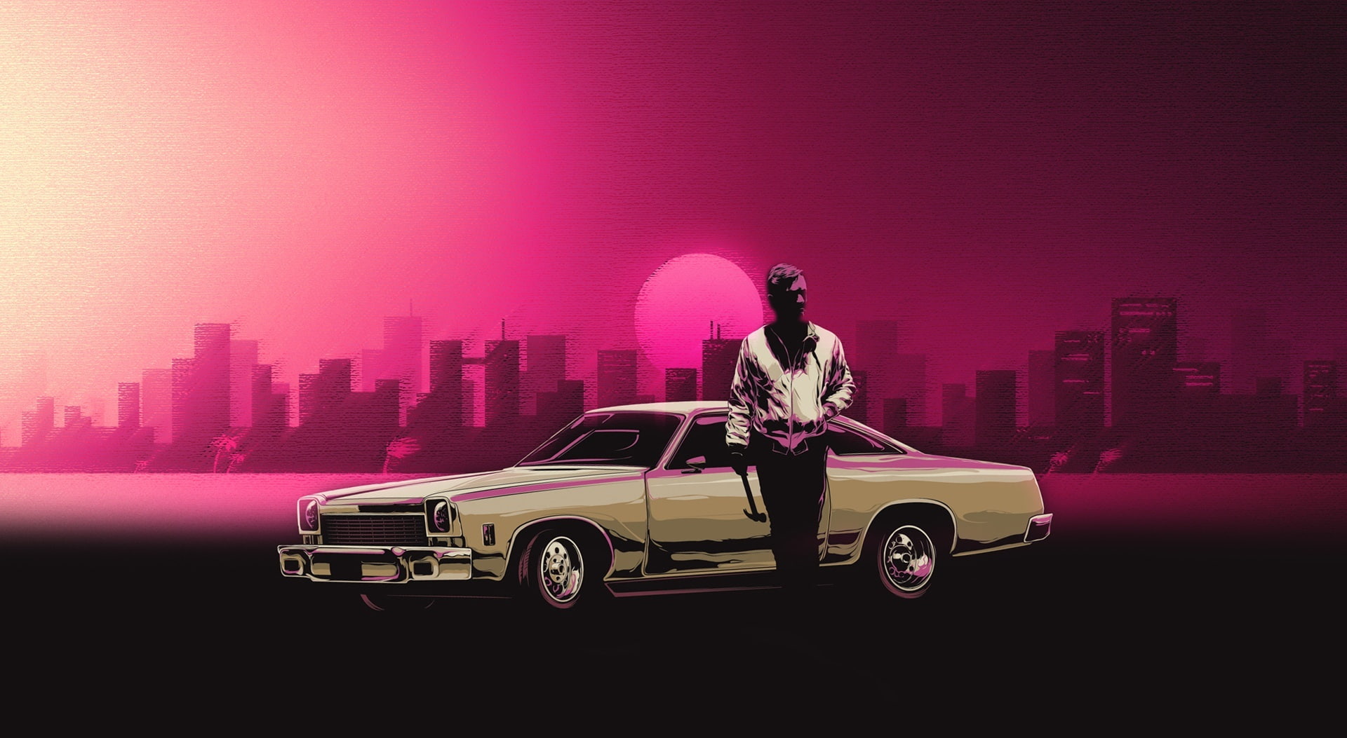 one person, city, nature, drivers, purple, 1080P, motor vehicle, sky, revenge, artistic, street, building exterior, mode of transportation, ryan gosling, HD Wallpaper