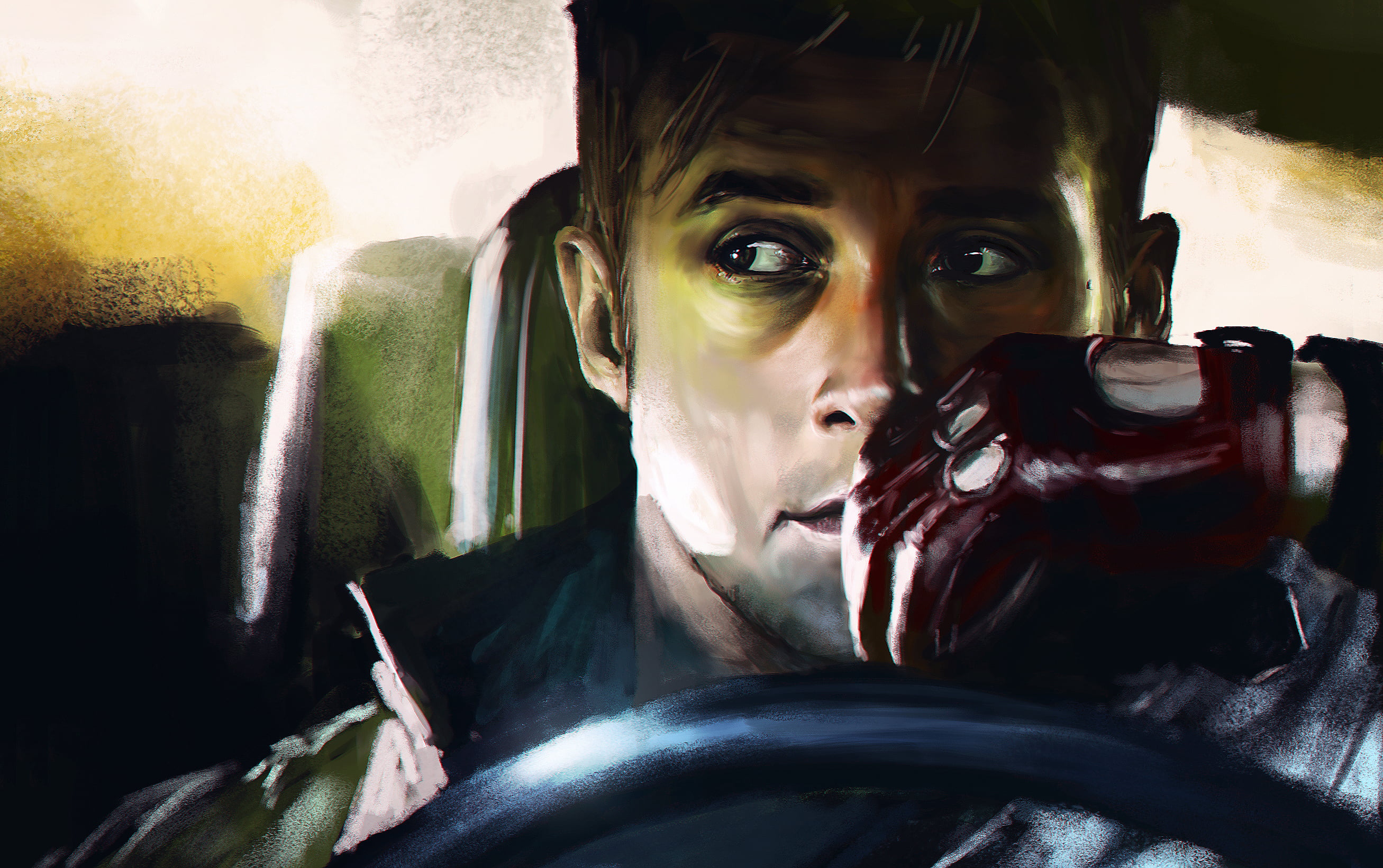 car, one Person, ryan gosling, land vehicle, man, bizarre, drive, young Adult, painting, close-up, driver, headshot, dark, males, indoors, 2K, glass - material, HD Wallpaper
