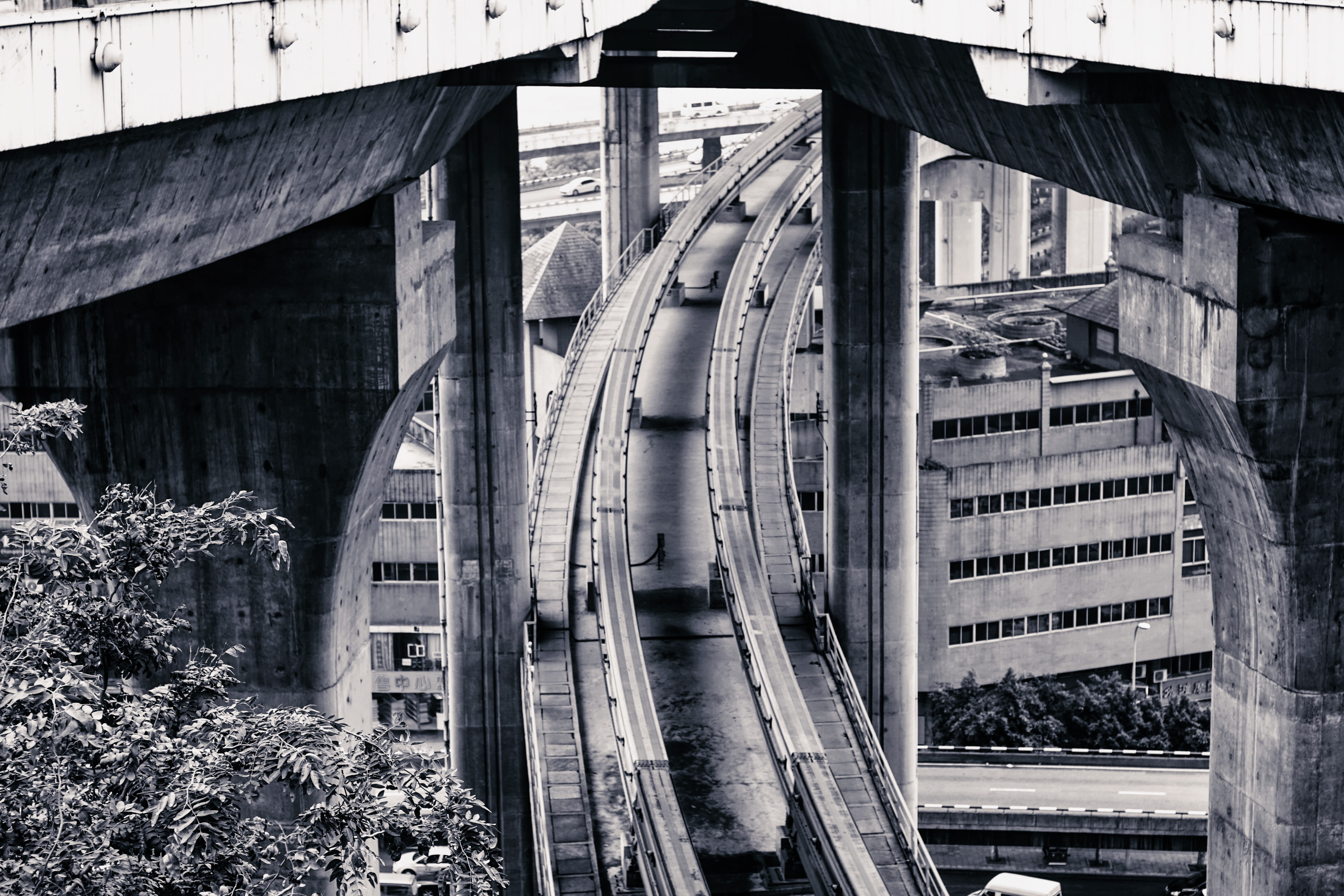 train, building exterior, nature, mode of transportation, built structure, no people, rail transportation, outdoors, track, black and white, transportation, HD Wallpaper