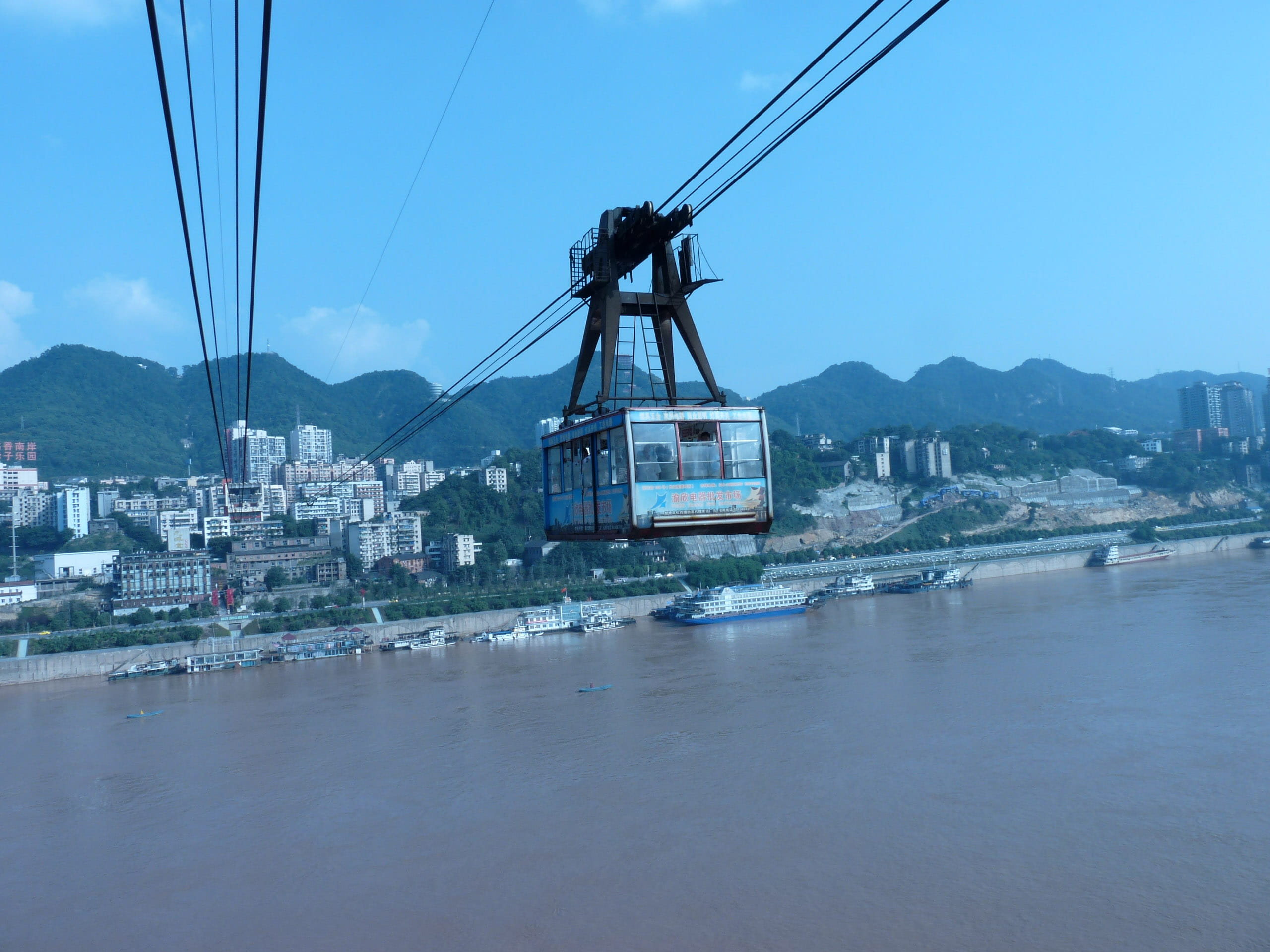 sky, transportation, sailboat, Chongqing, mountain, water, cable, fishing industry, Cable Railway, photos, 2K, architecture, overhead cable car, day, nature, HD Wallpaper
