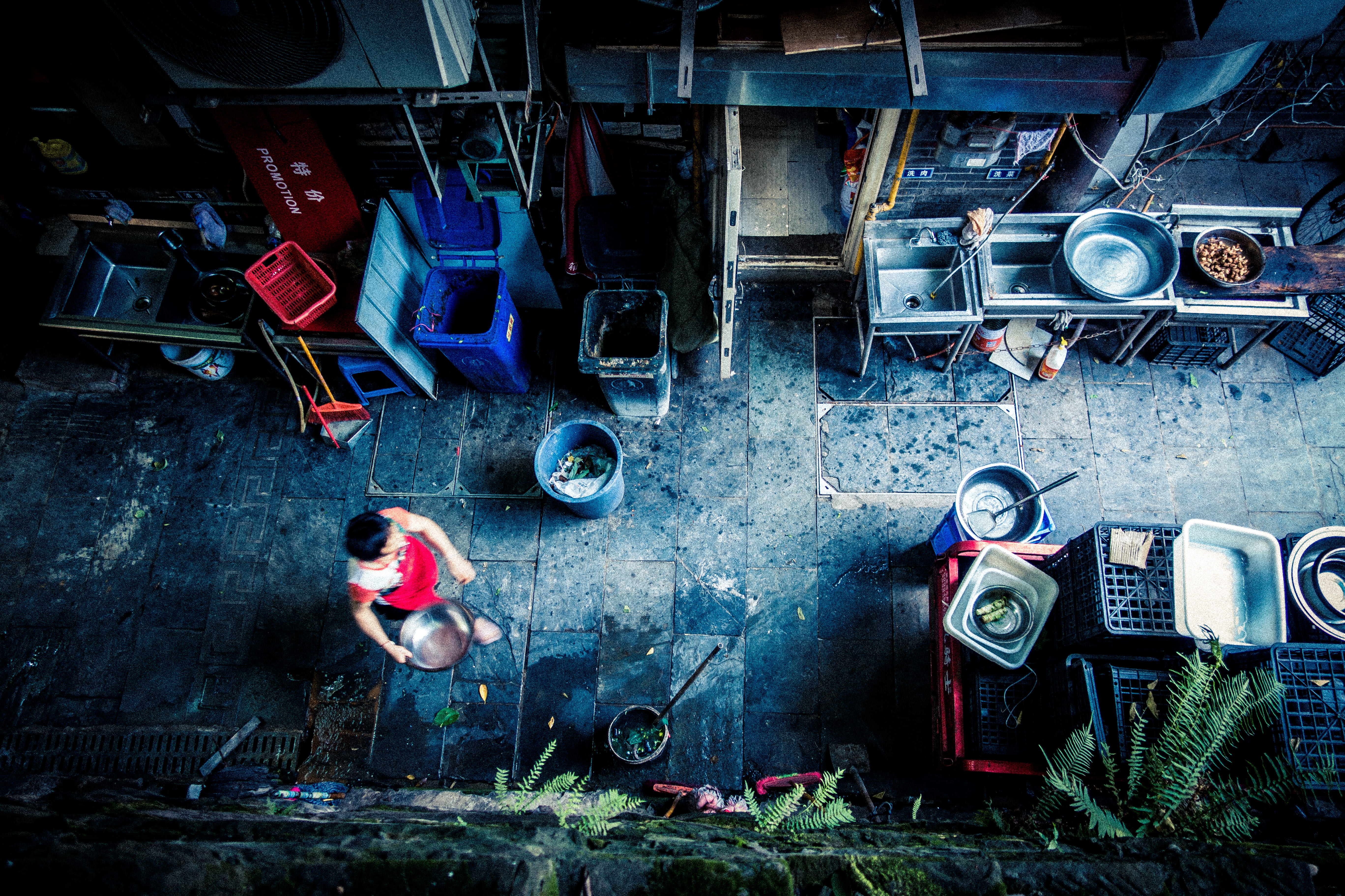 dirty, industry, alley, land vehicle, looking down, walking, holding, filled, trash, back street, standing, decline, 5K, equipment, machinery, photo, china, HD Wallpaper