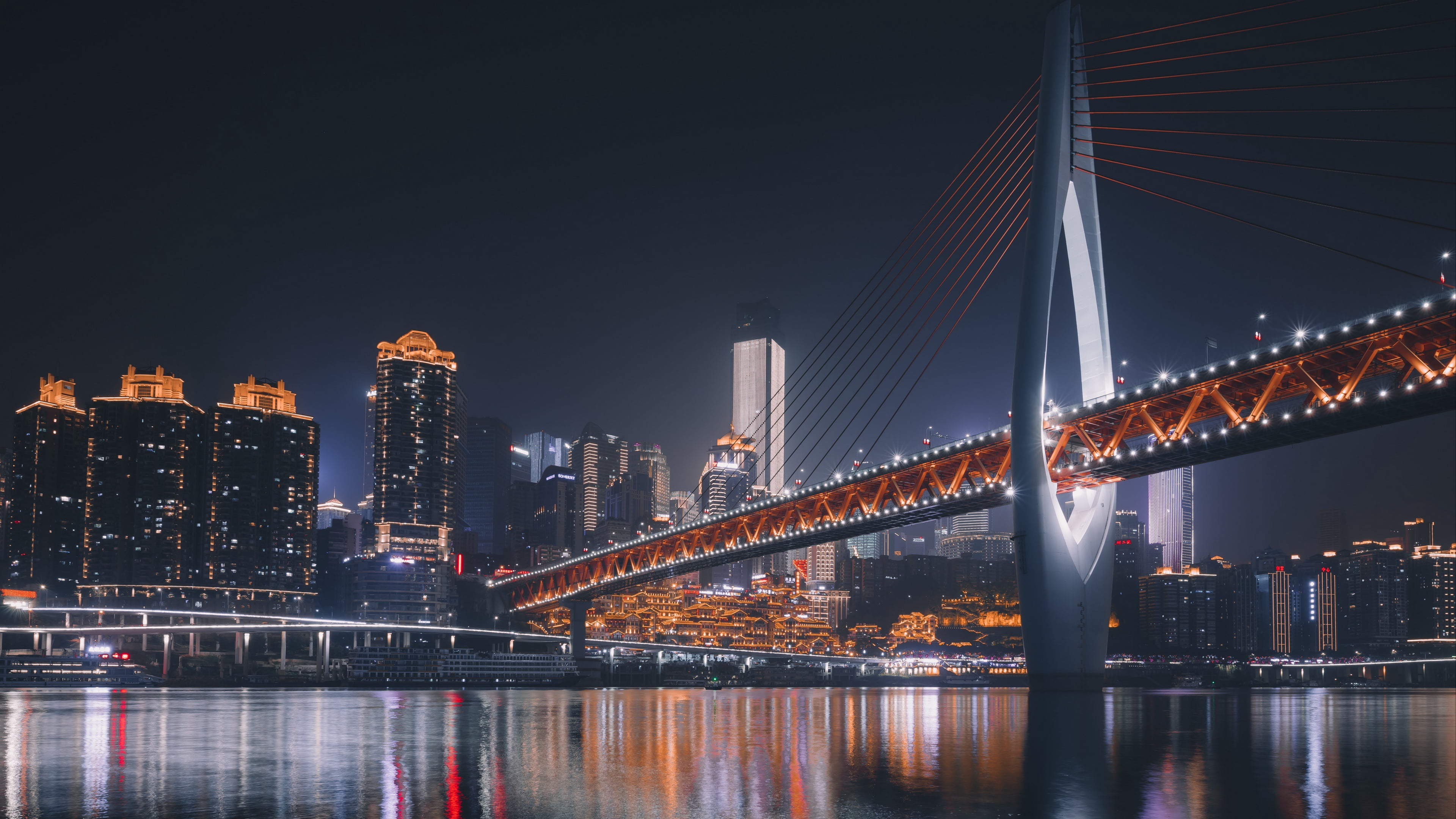 Chongqing, skyscrapers, bridge, lights, Asia, city, 4K, night, HD Wallpaper