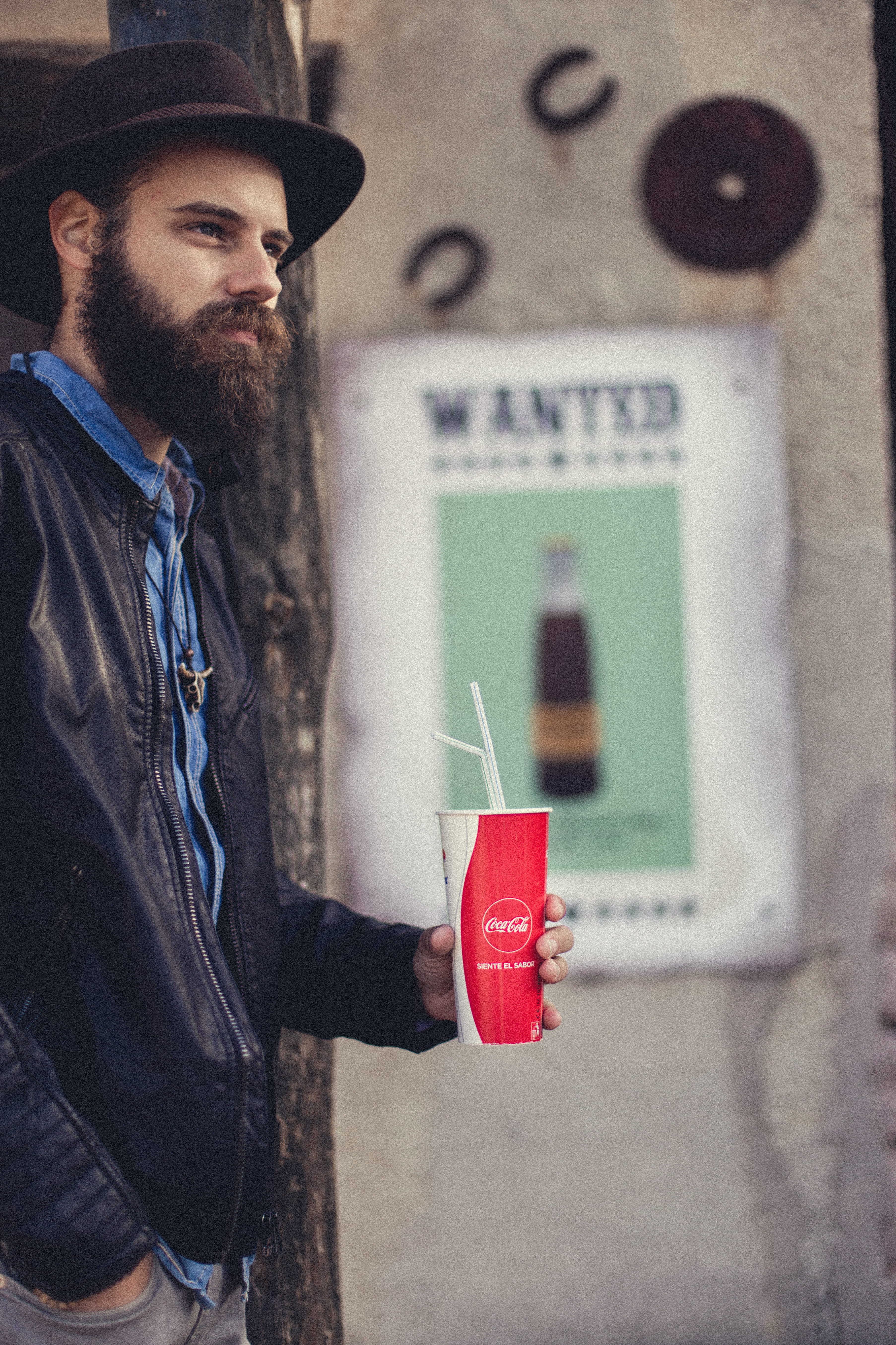 hat, standing, apparel, face, one person, soda, drink, holding, beard, person, contemplation, sleeve, beautiful people, cocacola, black, looking away, vintage, Phone HD Wallpaper