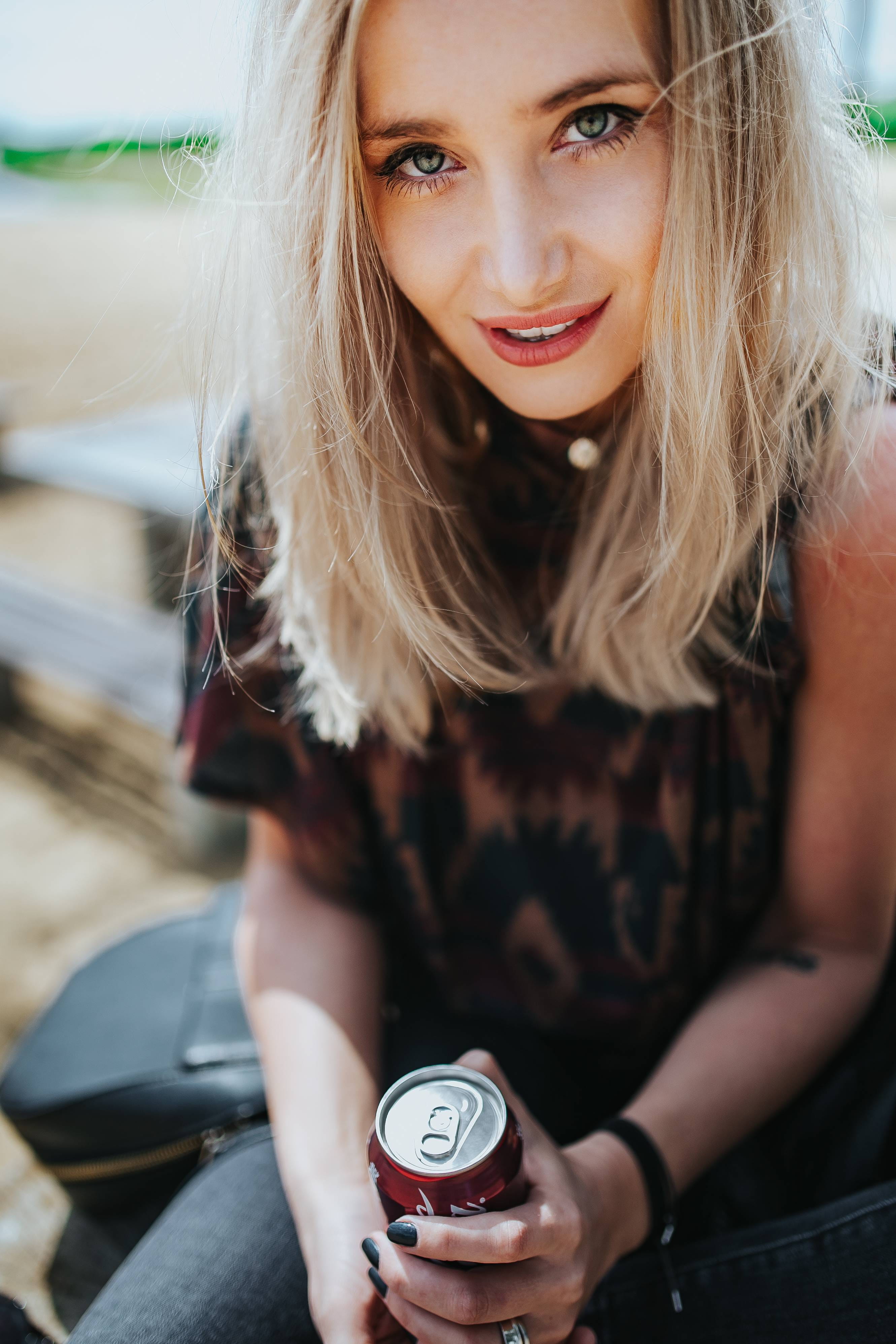 females, long hair, drink, adults only, young Adult, girl, looking At Camera, front view, adult, coca-cola, blonde, caucasian Ethnicity, 4K, tree stump, Phone HD Wallpaper