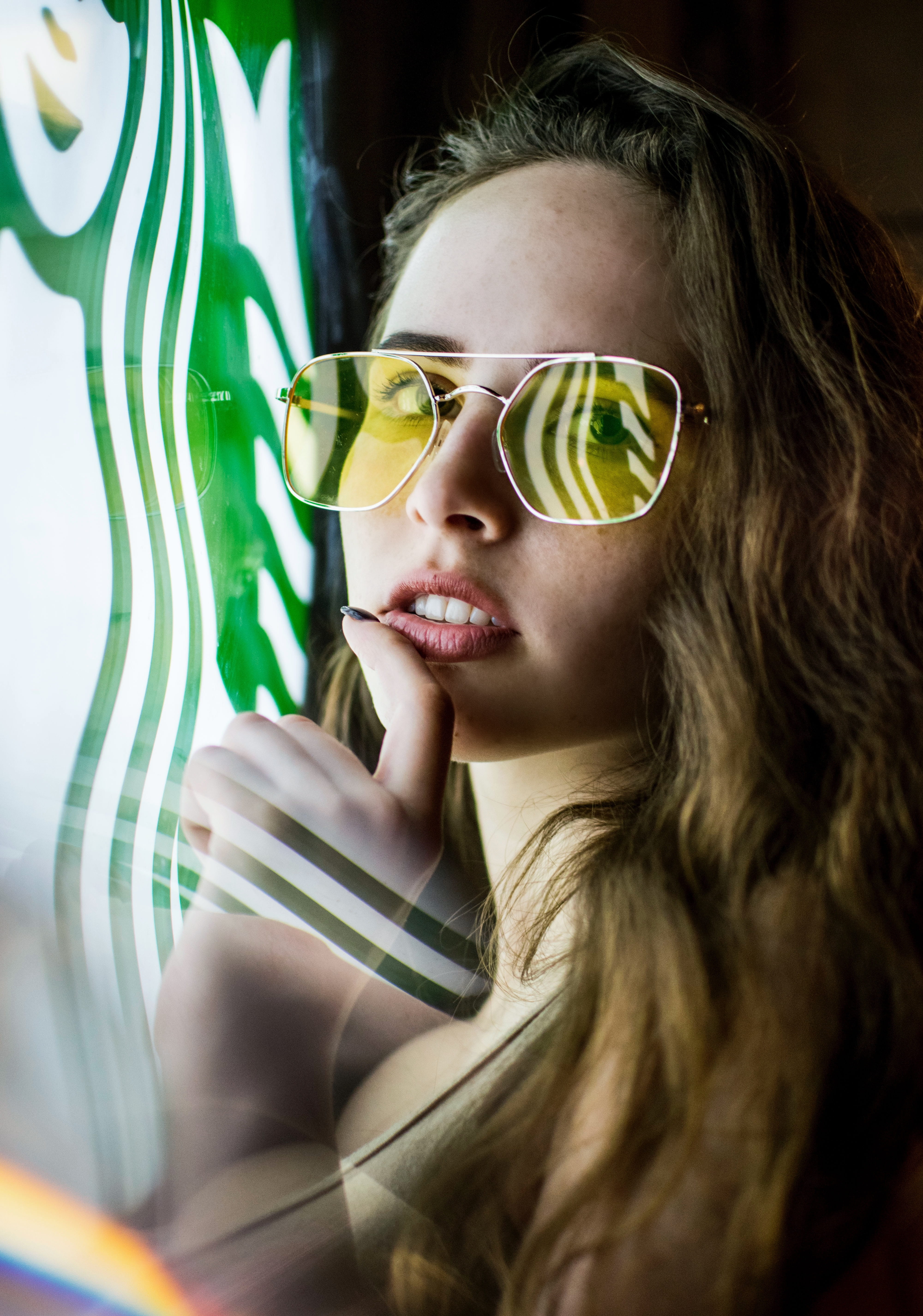 lens, women, fashion, portrait, young women, neonsign, young adult, colored, yellow, standing, neon, beauty, female, green, teeth, adult, near, long hair, Phone HD Wallpaper